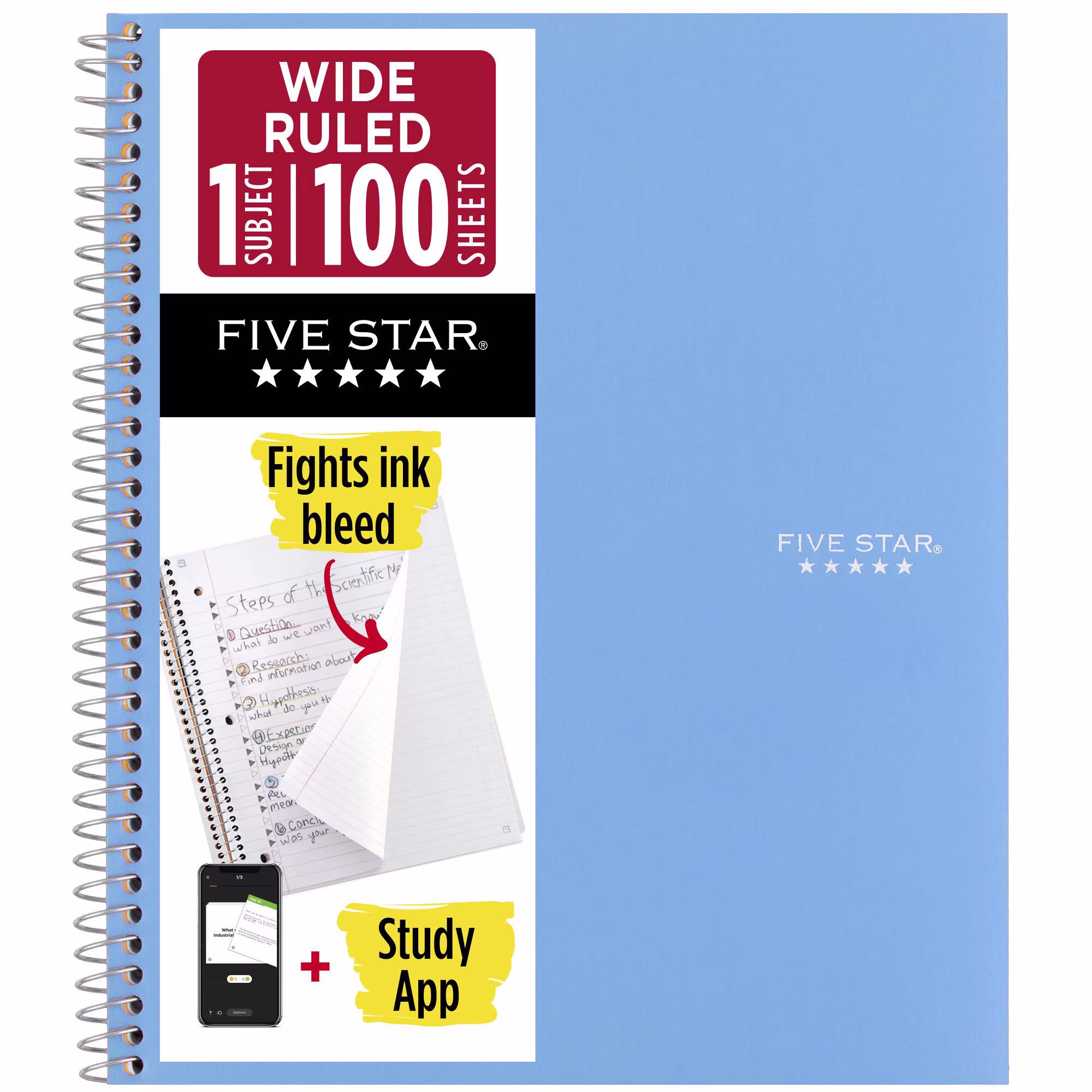 Five Star Spiral Notebook + Study App, 1 Subject, Wide Ruled, 8