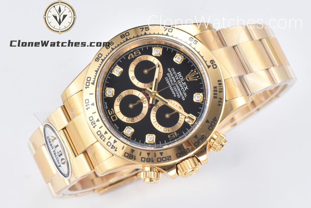 Rolex Super Clone Watches 1:1 Daytona 18K Gold Black Diamond Dial M116508-0016 4130 Movement