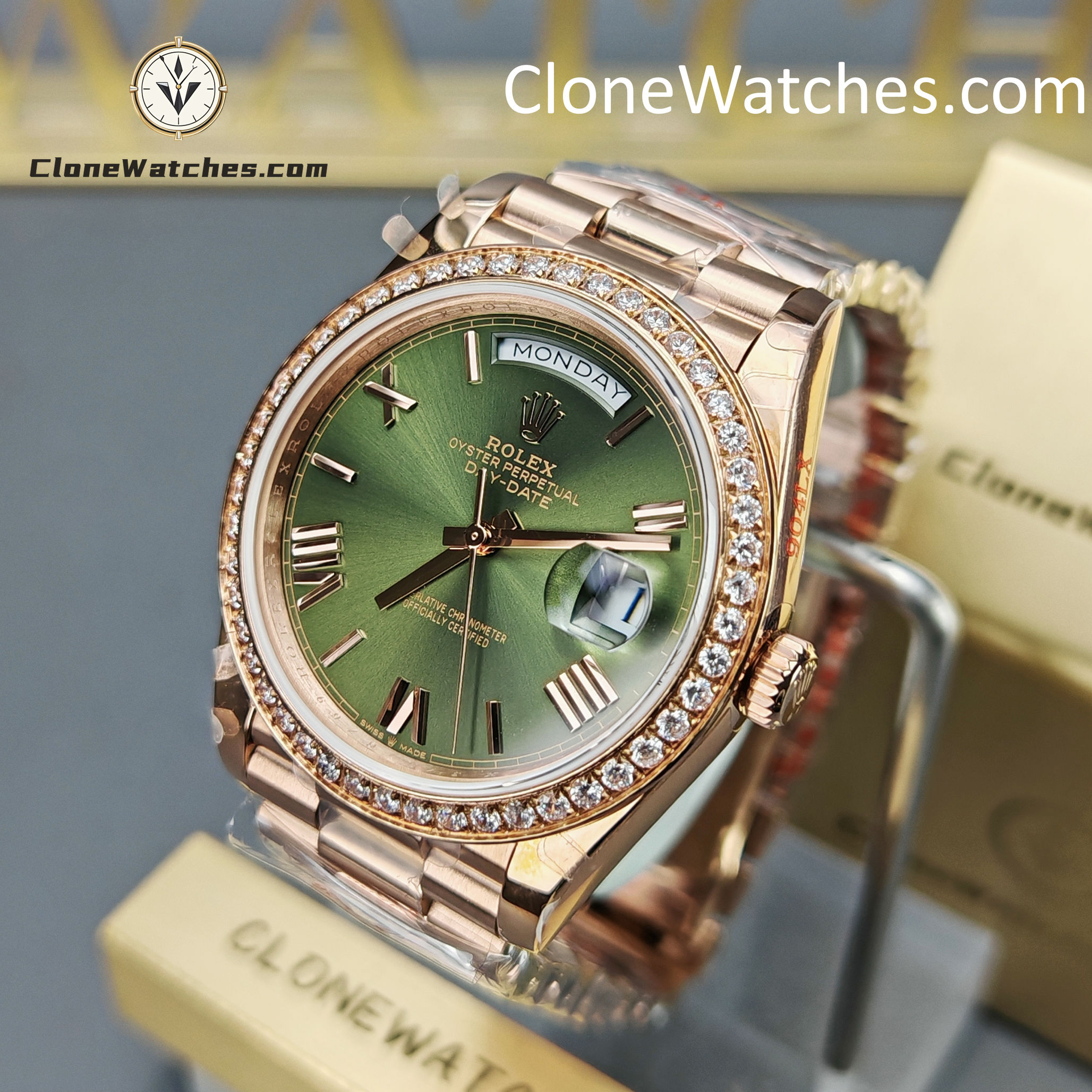 Rolex Super Clone Watches 1:1 Day Date Rose Gold Green Roman Dial 40mm m228345rbr-0011 3255 Movement