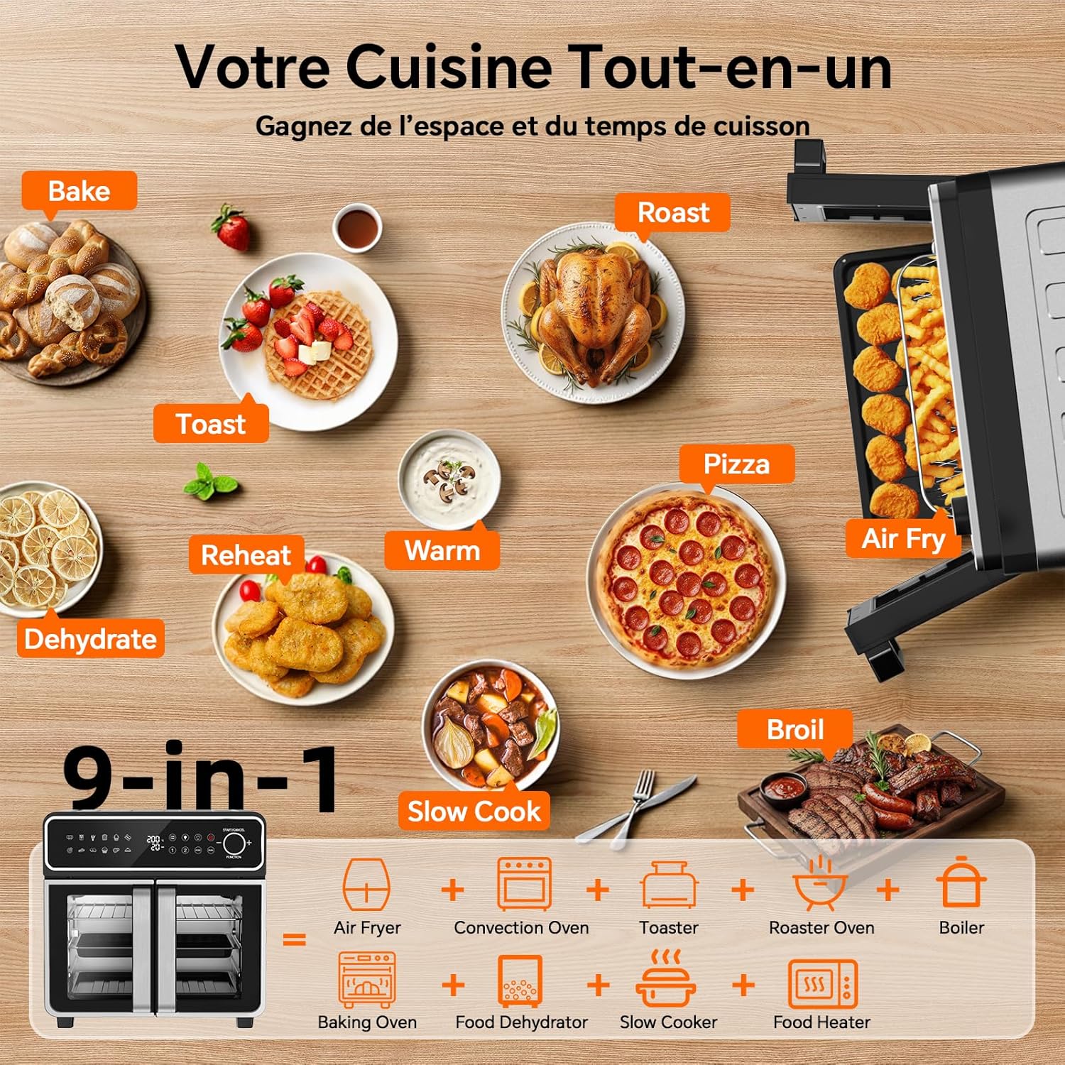 Friteuse sans huile 23 L double zone 15 programmes portes françaises