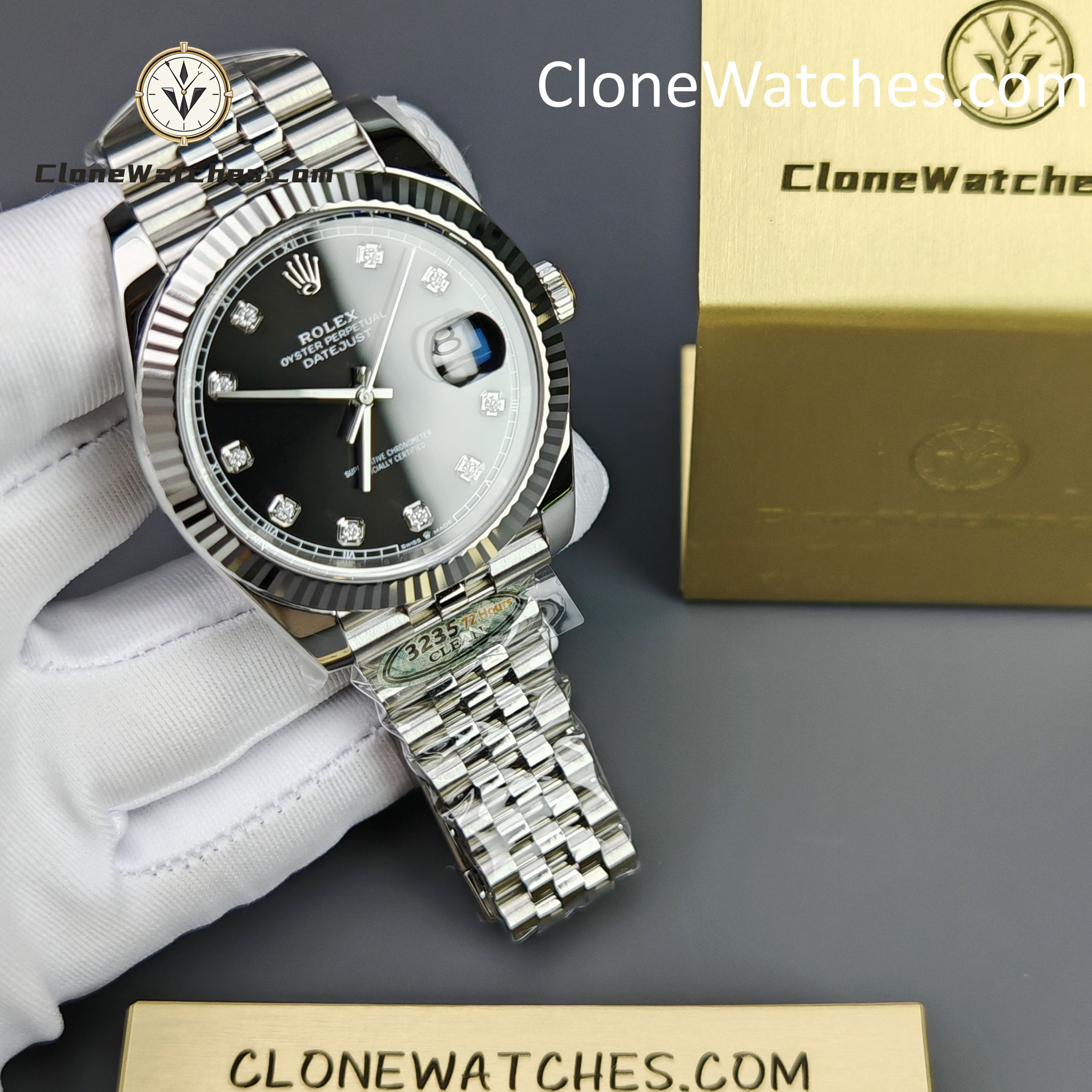 Rolex Super Clone Watches 1:1 DateJust Black Diamond Dial Jubilee 41MM m126334-0012 3235 Movement
