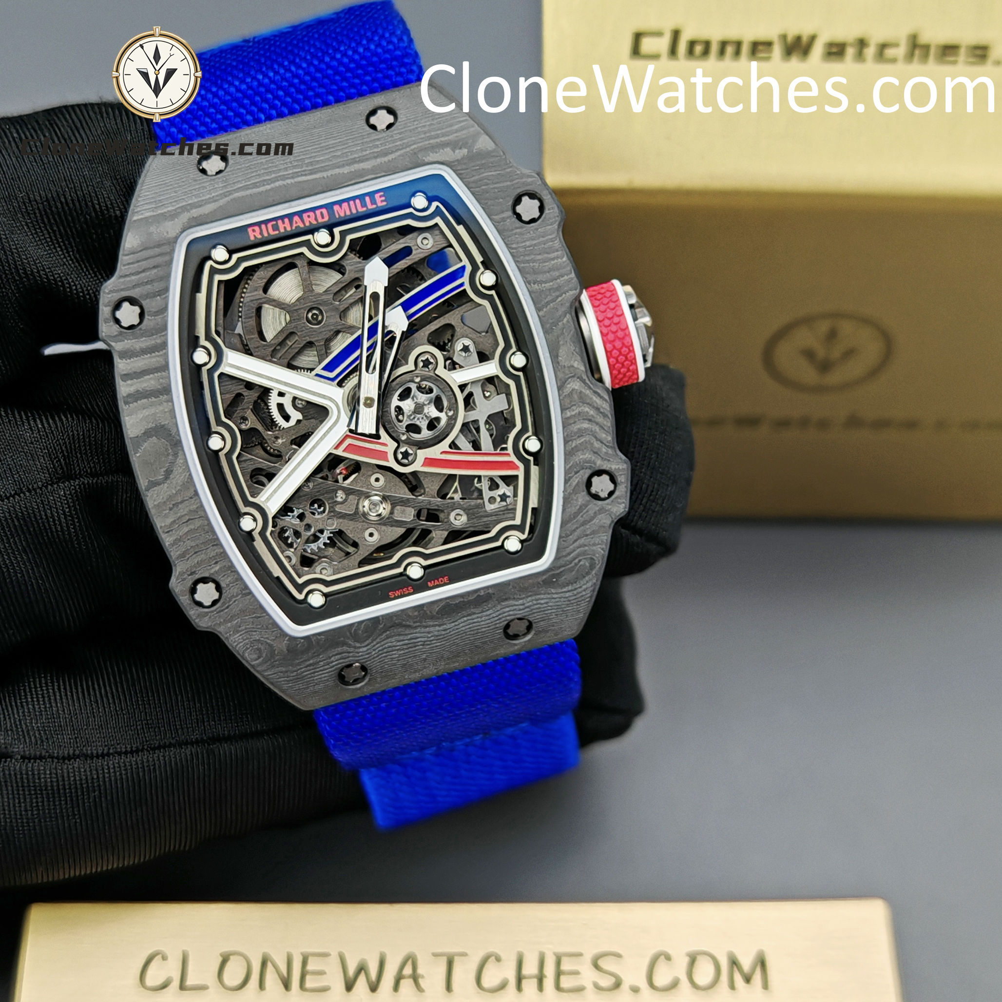 Richard Mille Super Clone Watches 1:1 RM 67 – 02 Carbon Tourbillon Blue Strap