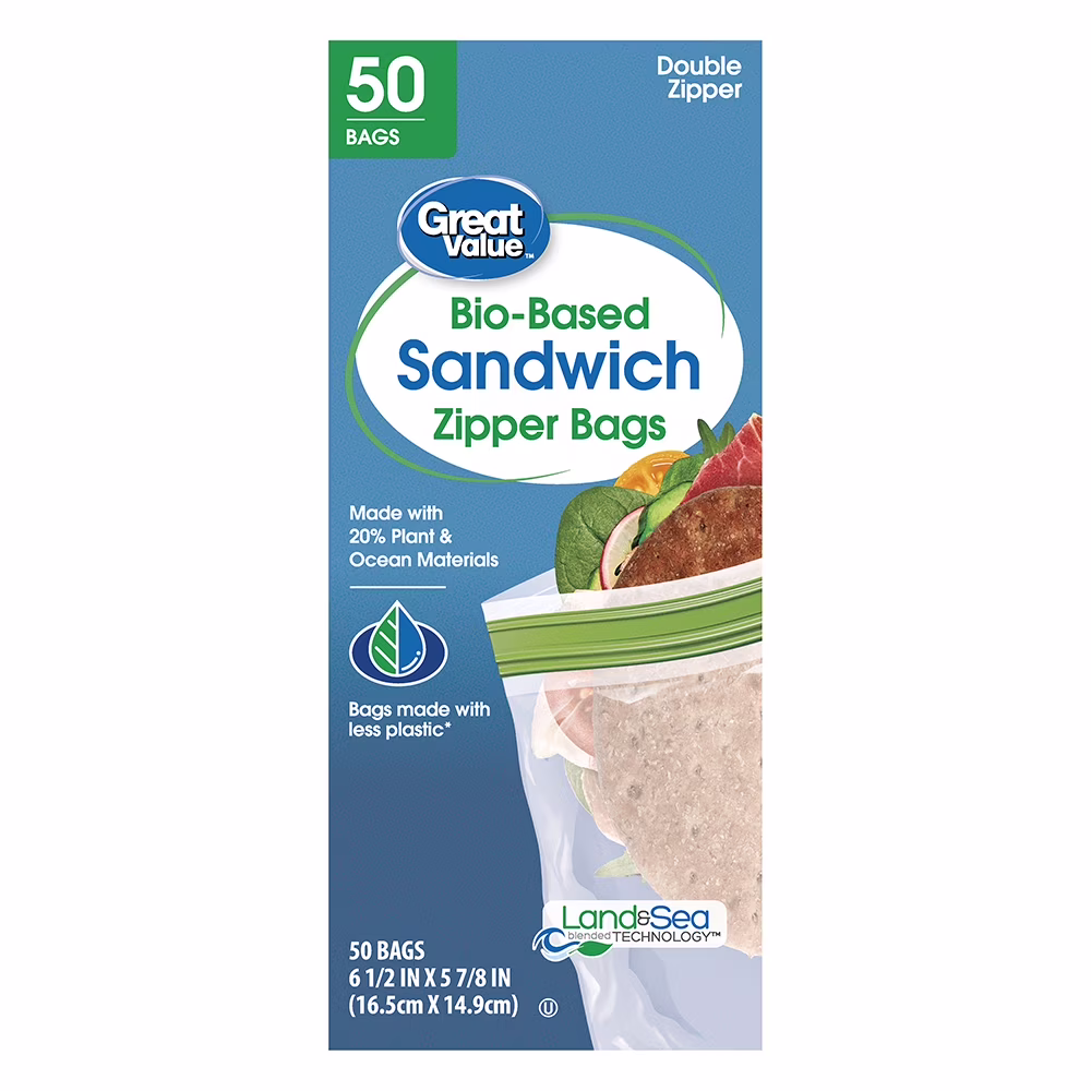 (4 pack) Great Value Bio-Based Reclosable Sandwich Bags, 50 Count