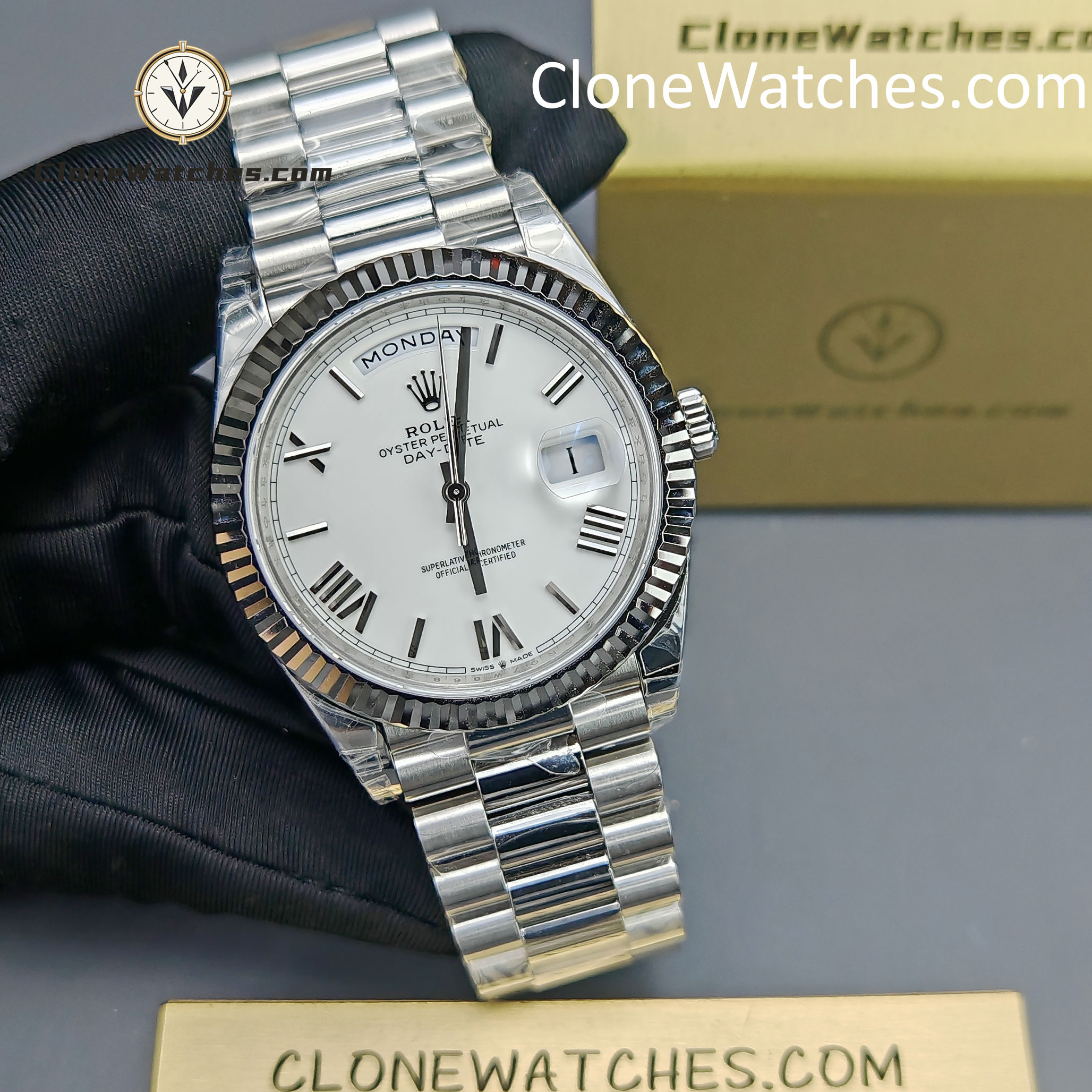 Rolex Super Clone Watches 1:1 Day Date White Roman Dial 40mm m228239-0046 VSF Version 3255 Movement