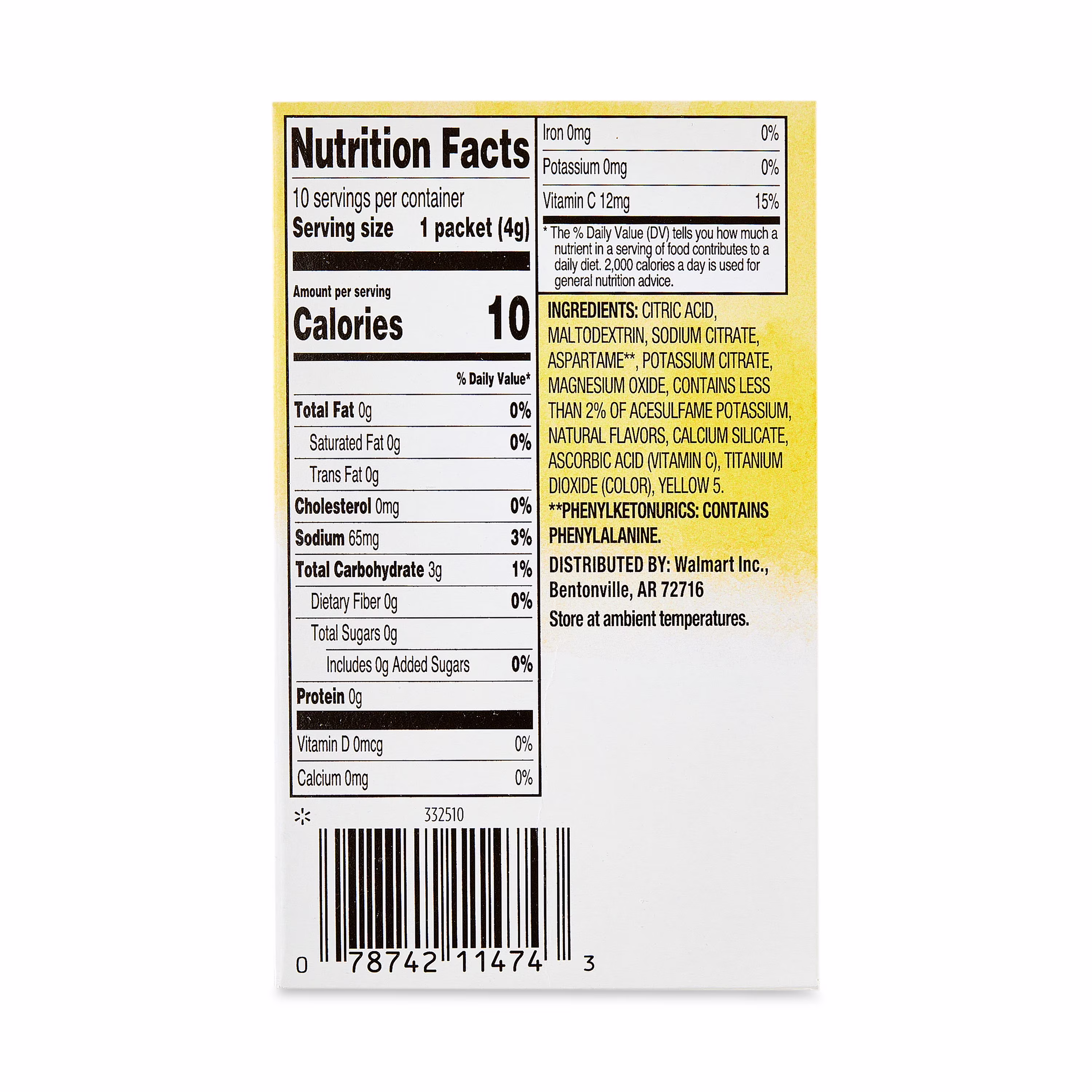 Great Value Sugar-Free Lemonade Drink Mix Packets, 10 Count, 0.14 oz Each
