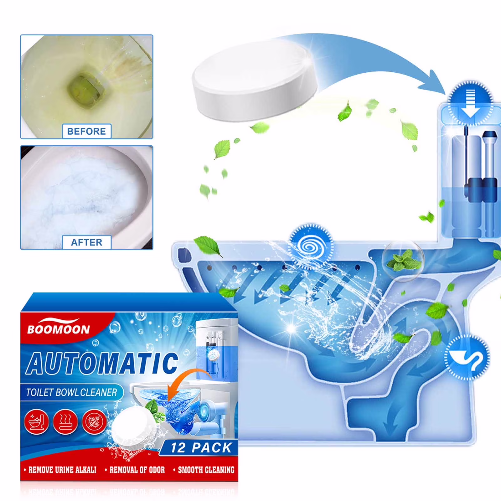 Toilet Bowl Cleaner 12 Pack, Automatic In-Tank Cleaning Tablets with Bleach for Stains, Rust and Limescale Removal, 30-Day Continuous Freshness, Easy Drop-in Use