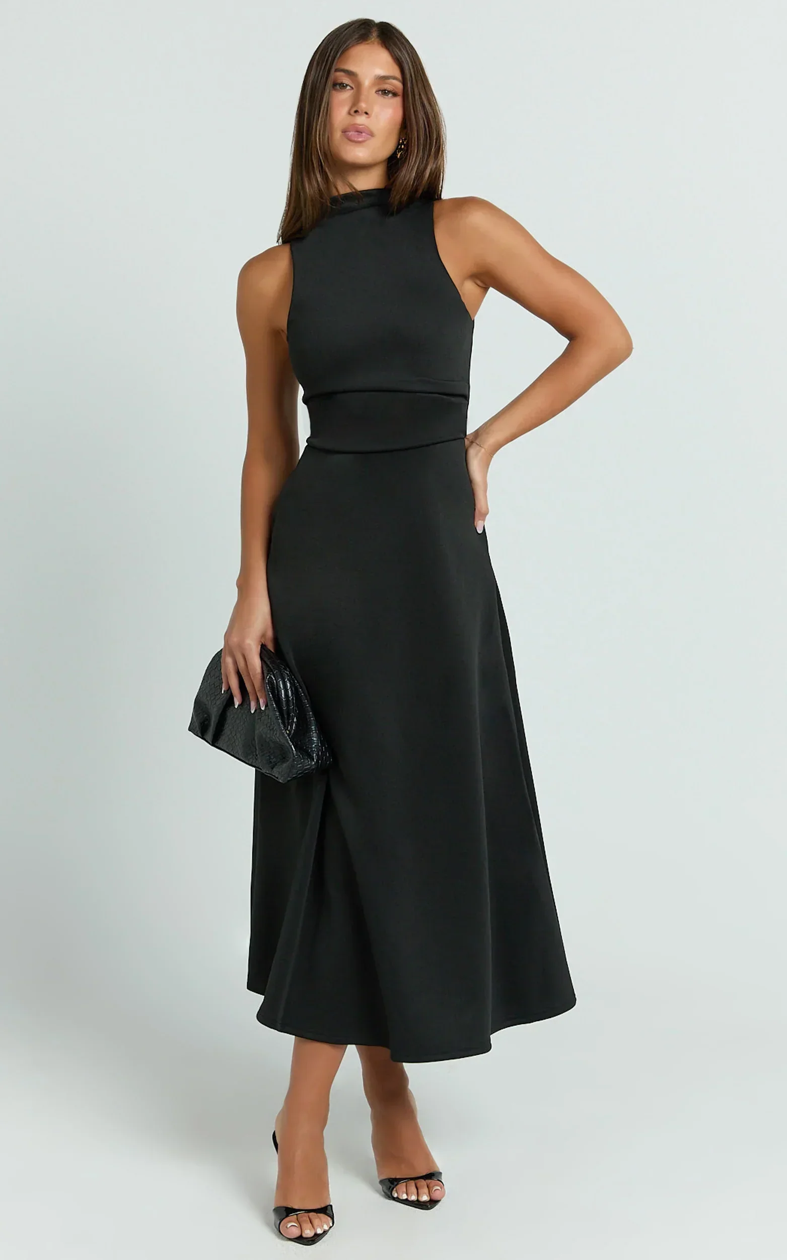 Macy Midi Dress - High Neck A Line Dress in Black