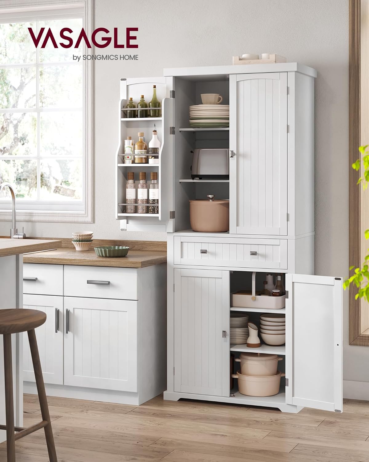 Buffet haut cuisine 182 cm avec tiroir placards étagères réglables blanc