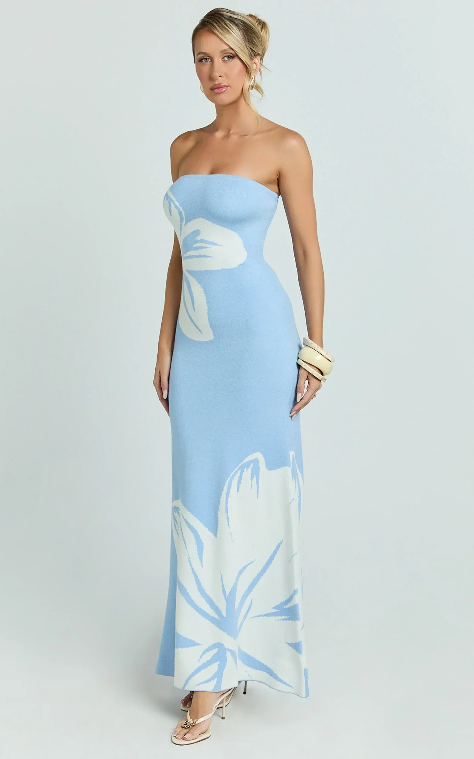 Amy Midi Dress - Knit Strapless Column Dress in Intarsia Print