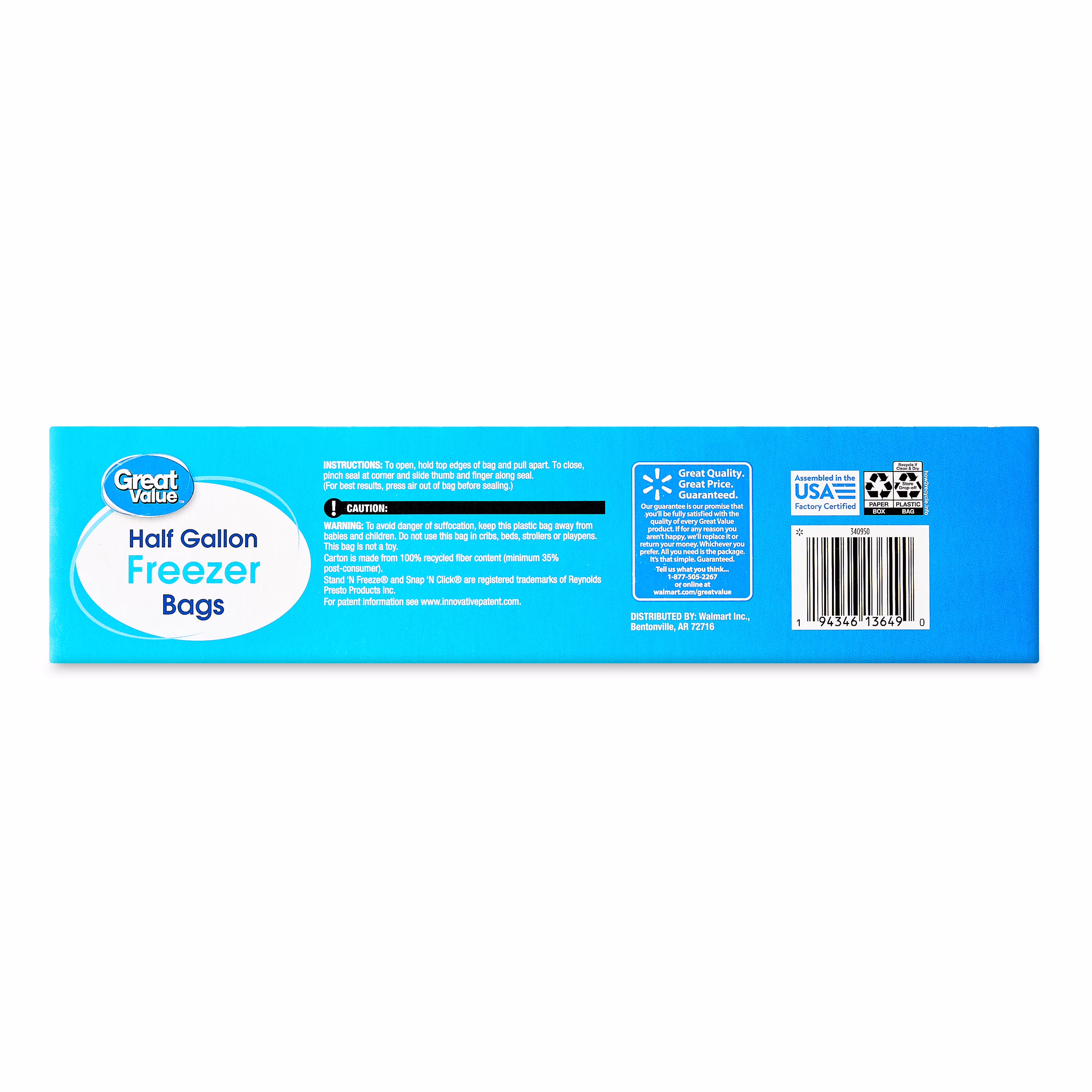 Great Value Double Zipper Half Gallon Freezer Bag, 40 Count