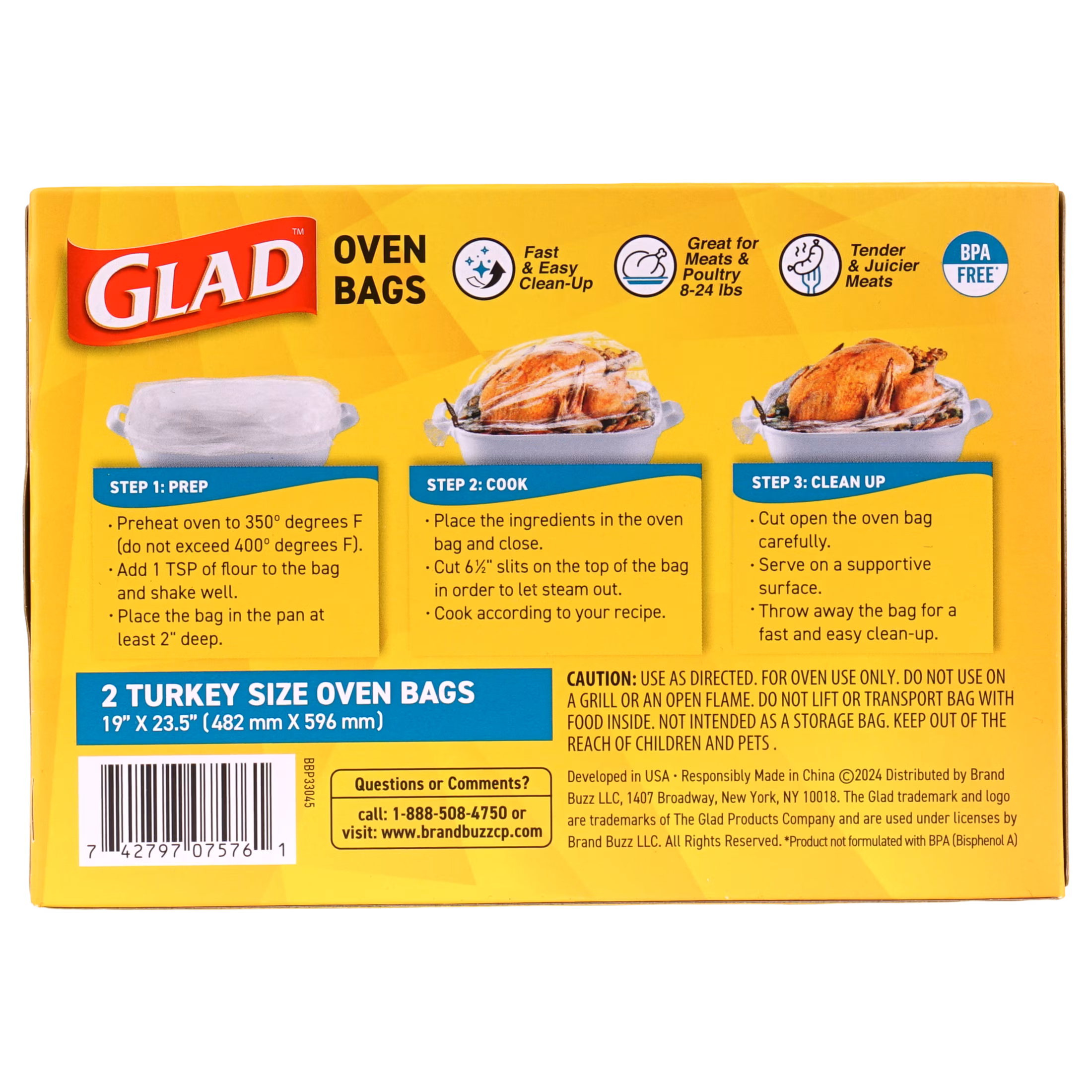 Glad Turkey Size Oven Bags 19 x 23.5 inches, BPA-Free, 2 Count, Fits 8 to 24 lbs