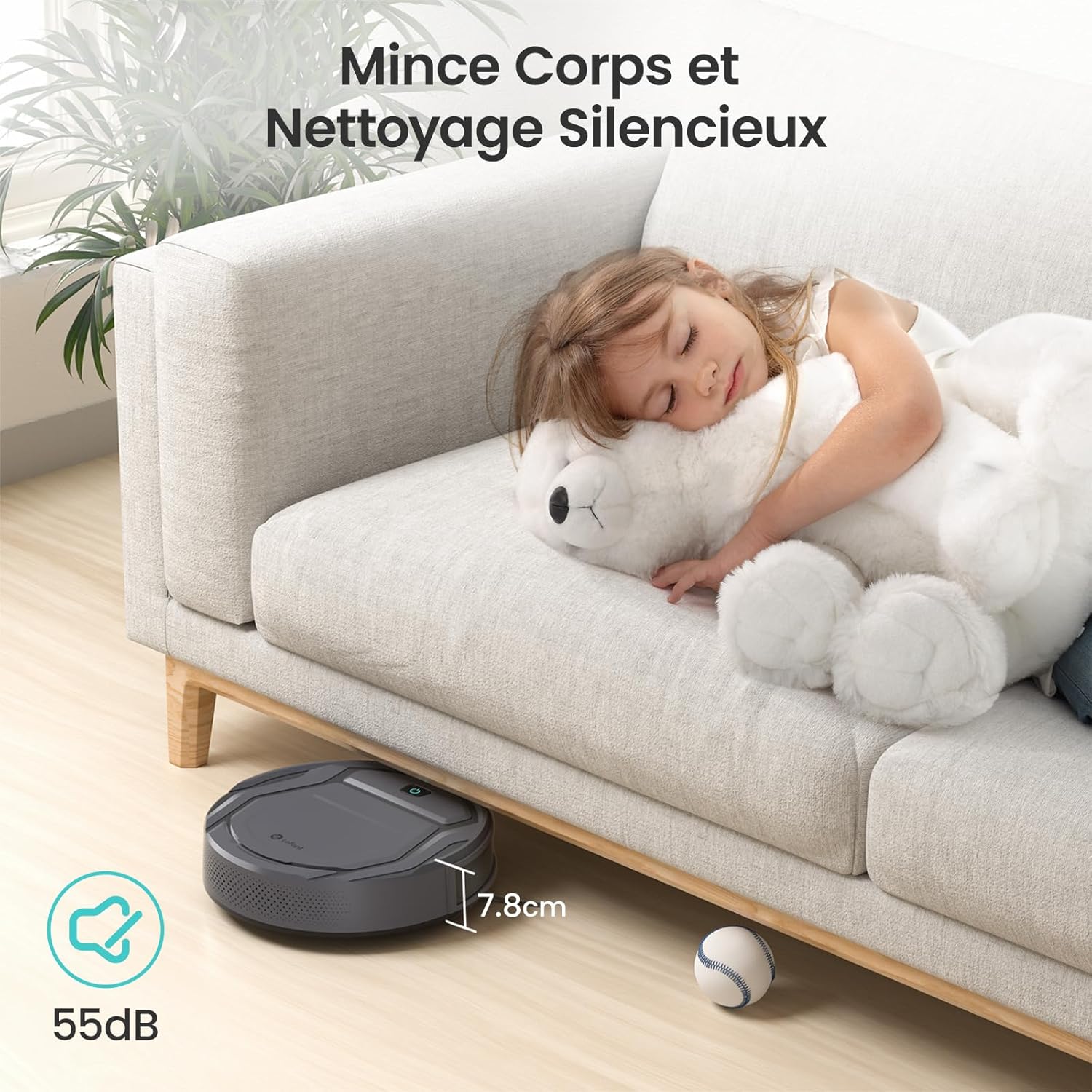 Robot aspirateur M210P 2200Pa mince silencieux 6 modes auto charge WiFi Bluetooth 120 min idéal poils animaux sols tapis