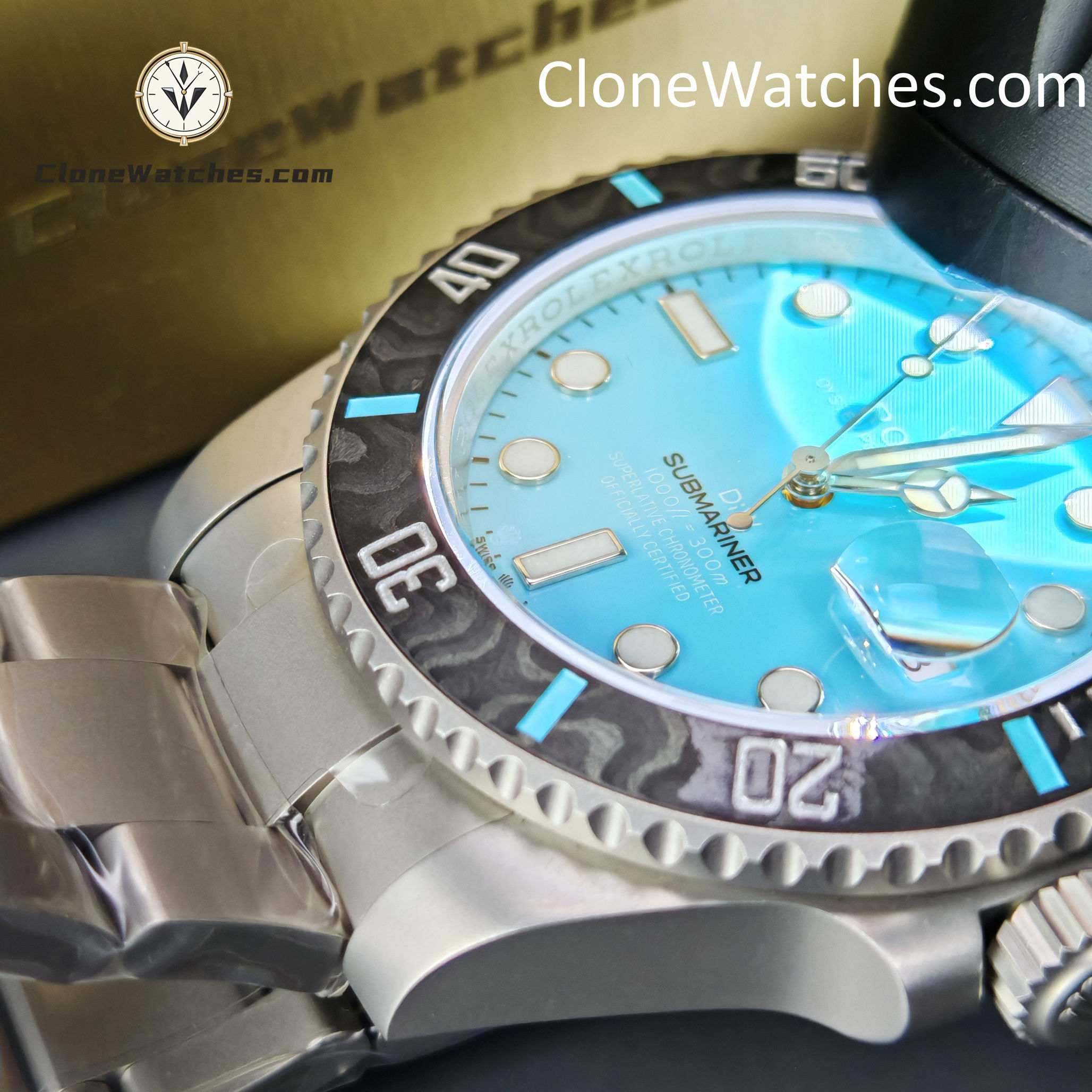 Rolex Super Clone Watches 1:1 DIW Aquamarine Tiffany Blue Dial Submariner Carbon Bezel 3135 Movement