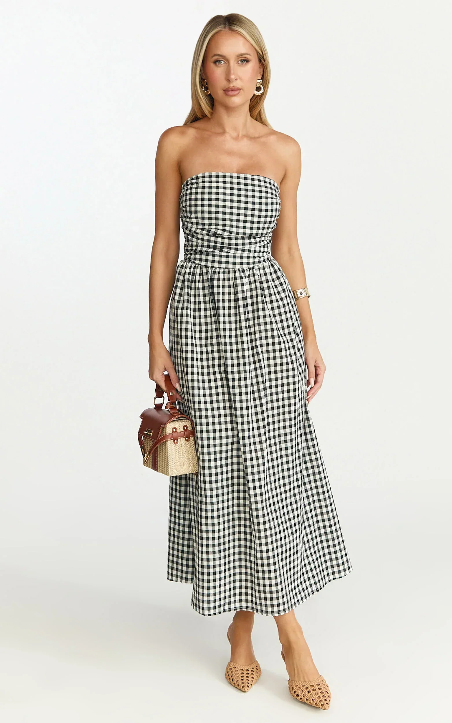 Polly Midi Dress - Strapless Ruched Dress in Black Check