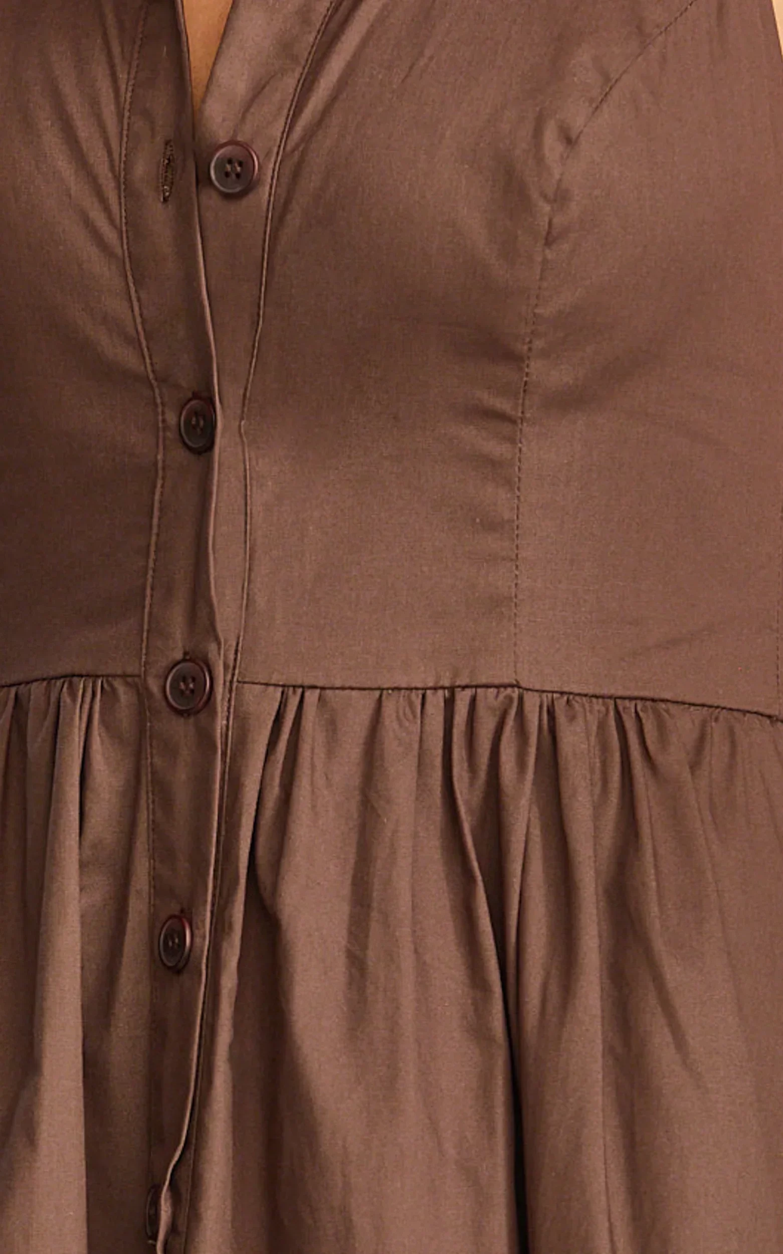 Ruby Midi Dress - Collared Button Down Gathered Waist Skirt Fit And Flare Dress in Dark Chocolate