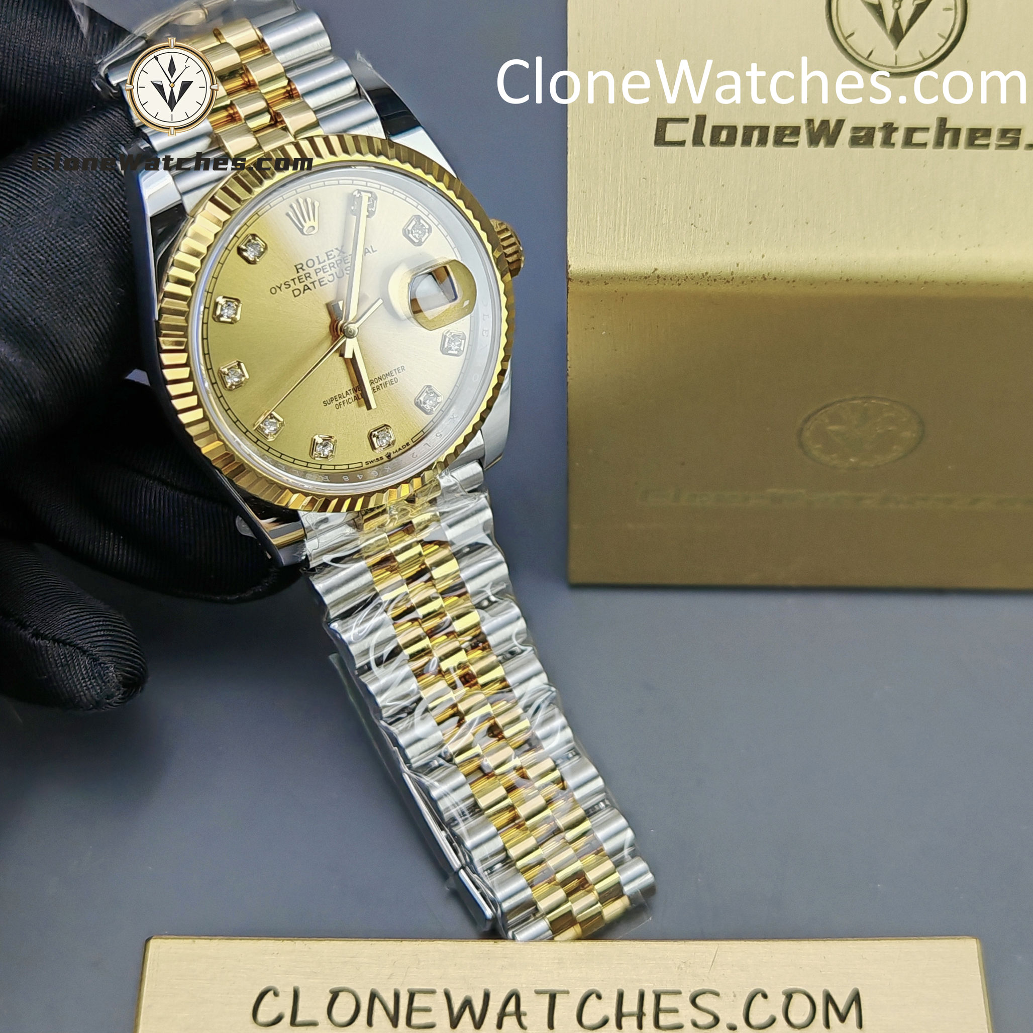 Rolex Super Clone Watches 1:1 DateJust Gold Diamond Dial m126233-0017 Jubilee 36MM 3235 Movement