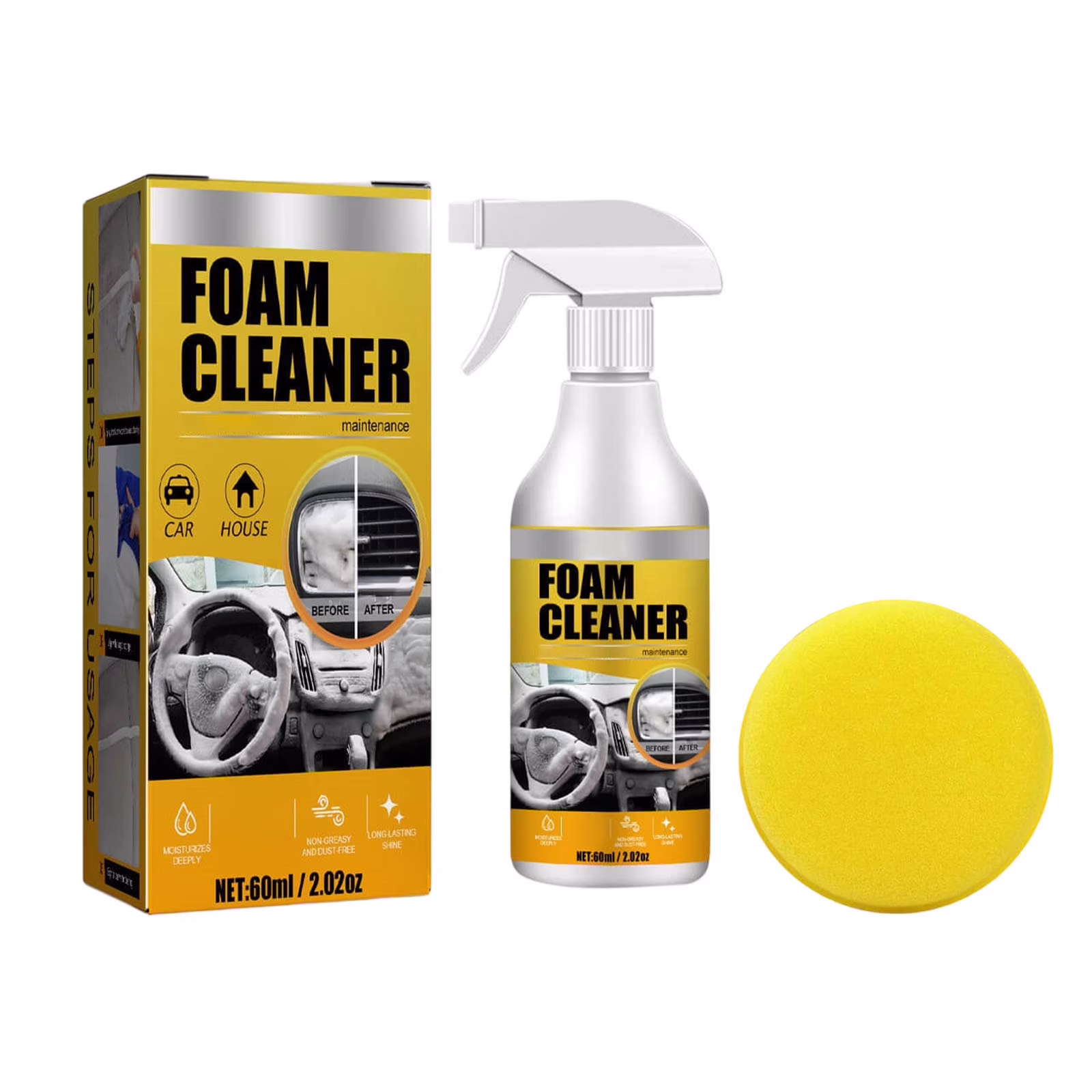 Car Interior Foam Cleaner 2.02Oz, Car Detailing Kit, Auto Interior Cleaning Supplies for Seat, Upholstery, Carpet, Dashboards, Plastic, Leather, Glass, Fabric(3Pc)