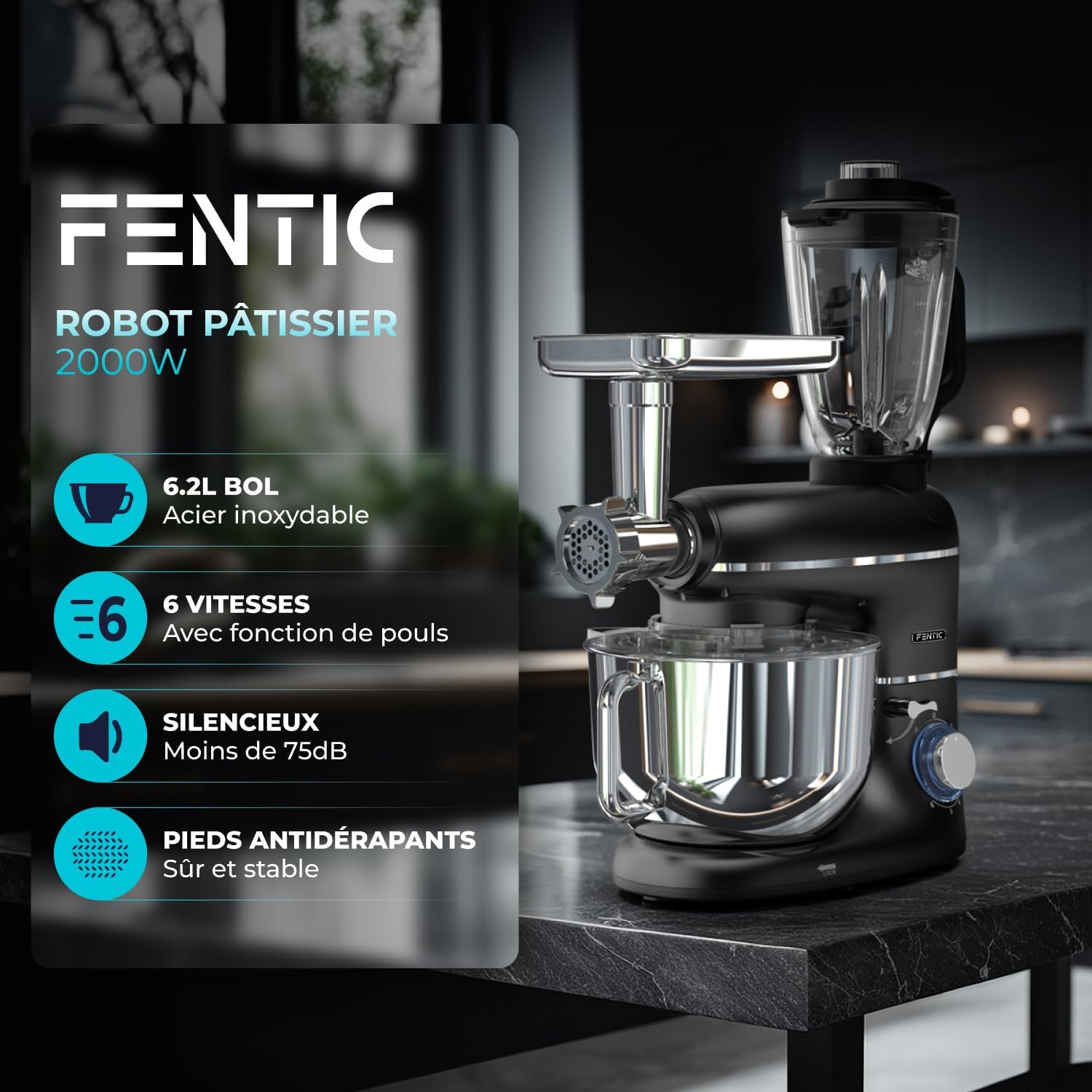 Robot pâtissier 2000 W bol 6,2 L hachoir mixeur accessoires inclus