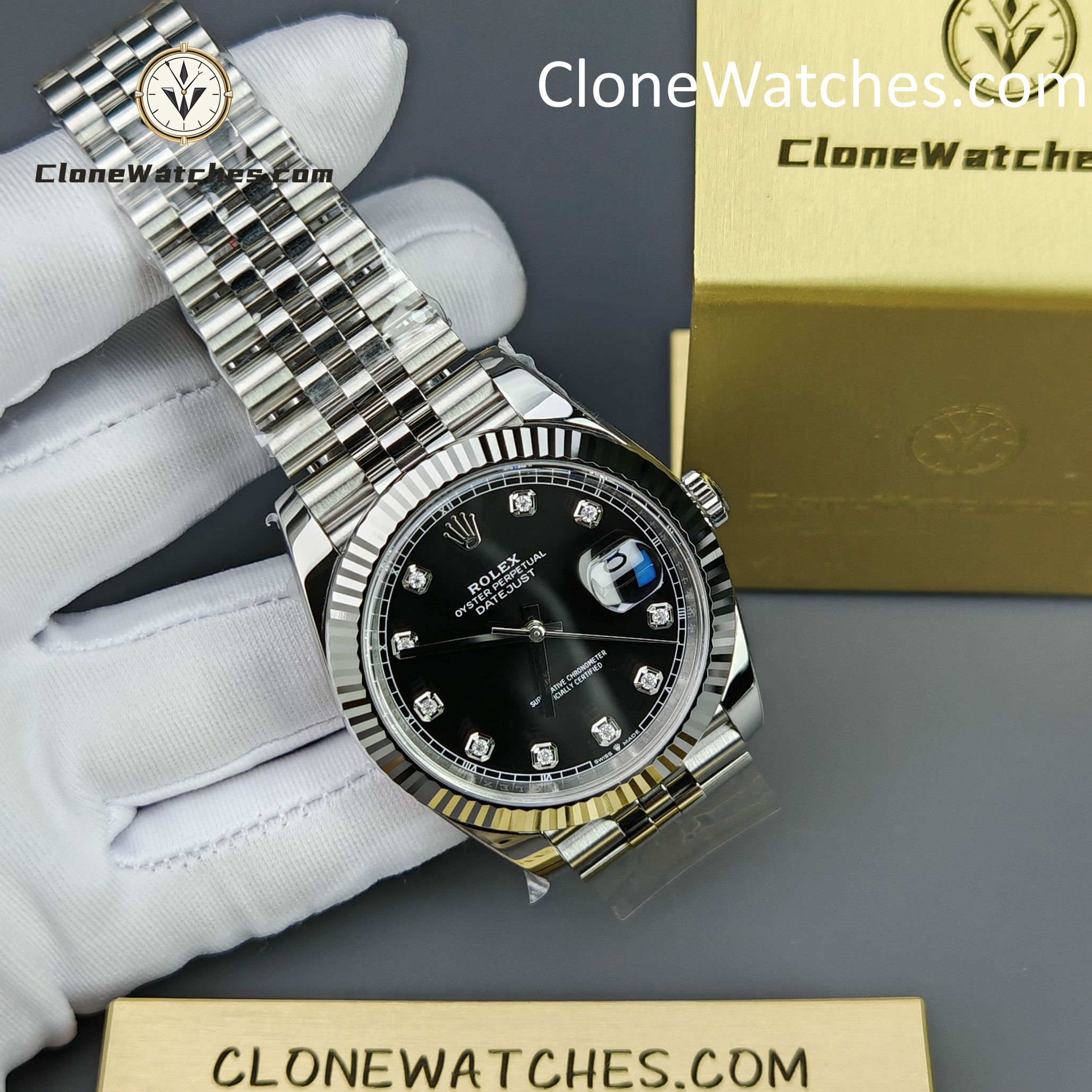Rolex Super Clone Watches 1:1 DateJust Black Diamond Dial Jubilee 41MM m126334-0012 3235 Movement