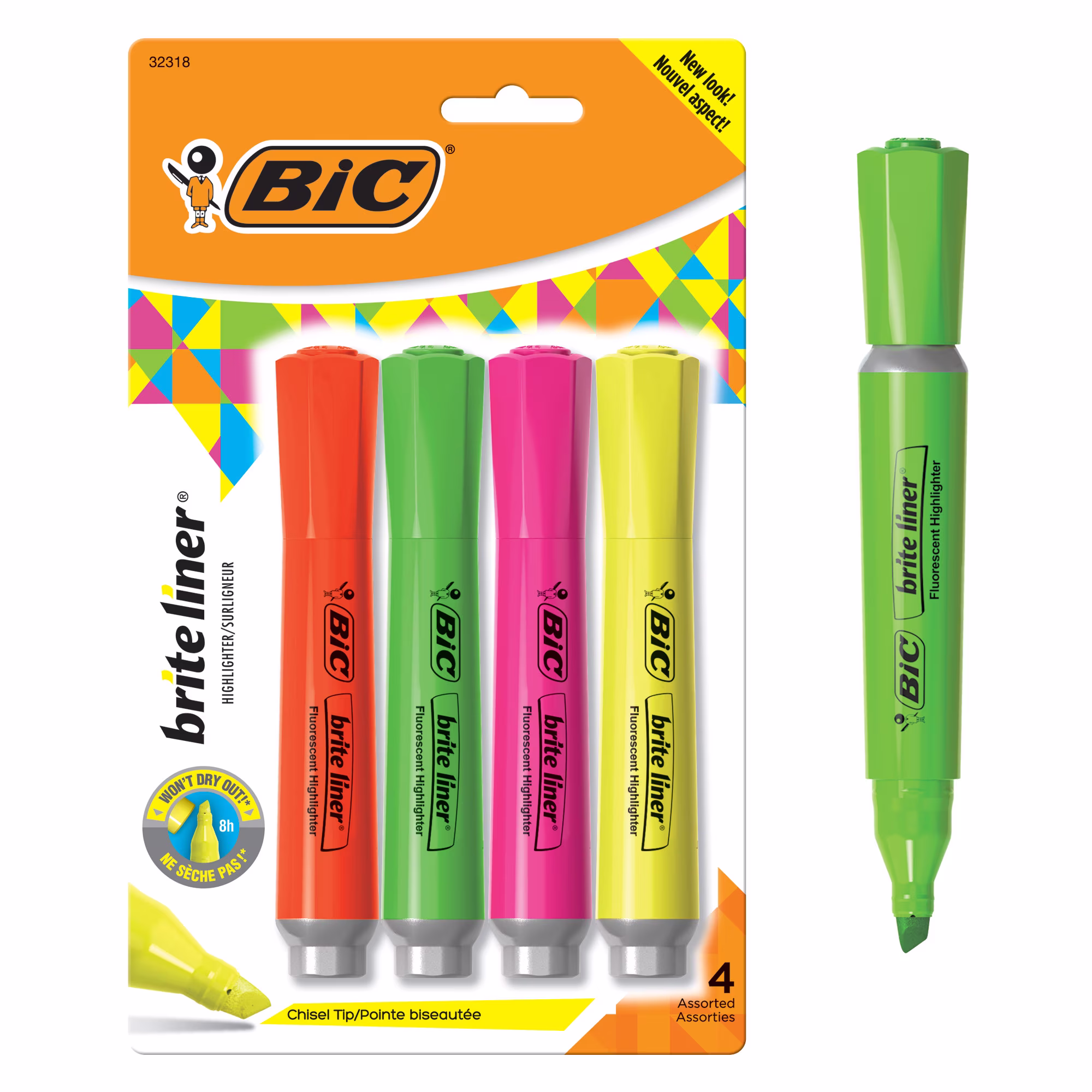 BIC Brite Liner XL Highlighter, Chisel Point, Back to School, Assorted Colors, 4-Count