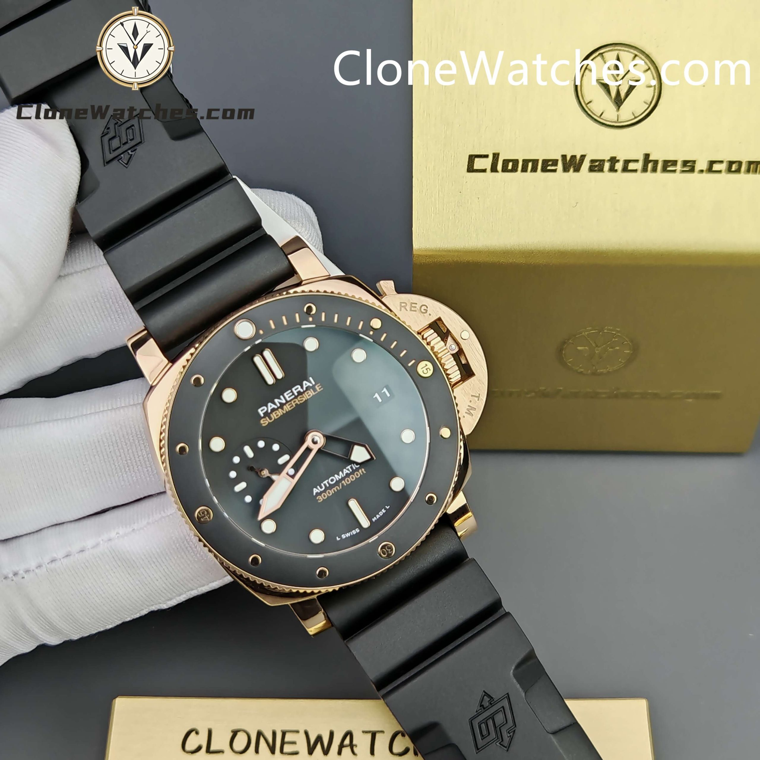 Panerai Super Clone Watches 1:1 Submersible GoldtechTM PAM02164 Black Dial