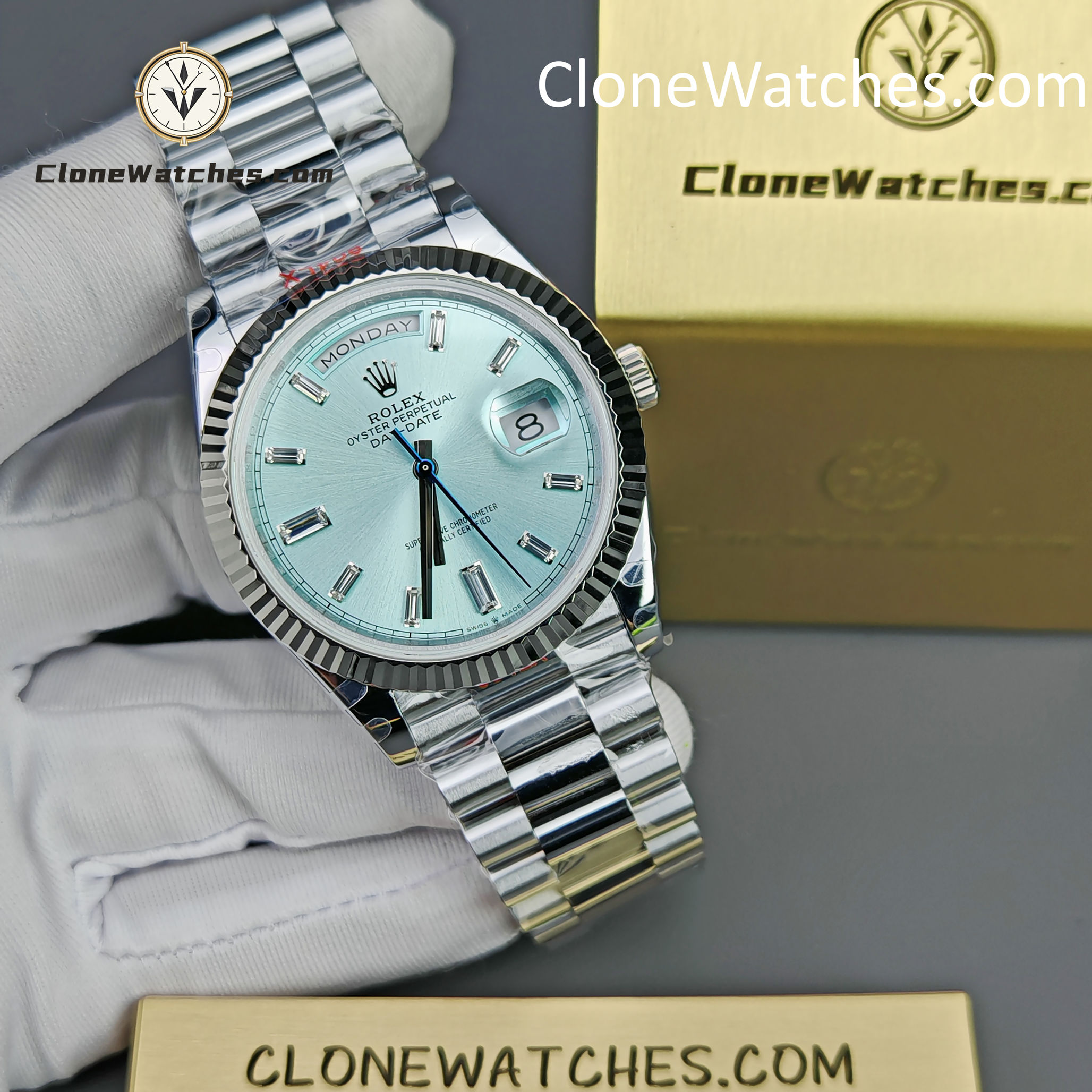 Rolex Super Clone Watches 1:1 Day Date Ice Blue Diamond Dial 40mm m228236-0006 3255 Movement