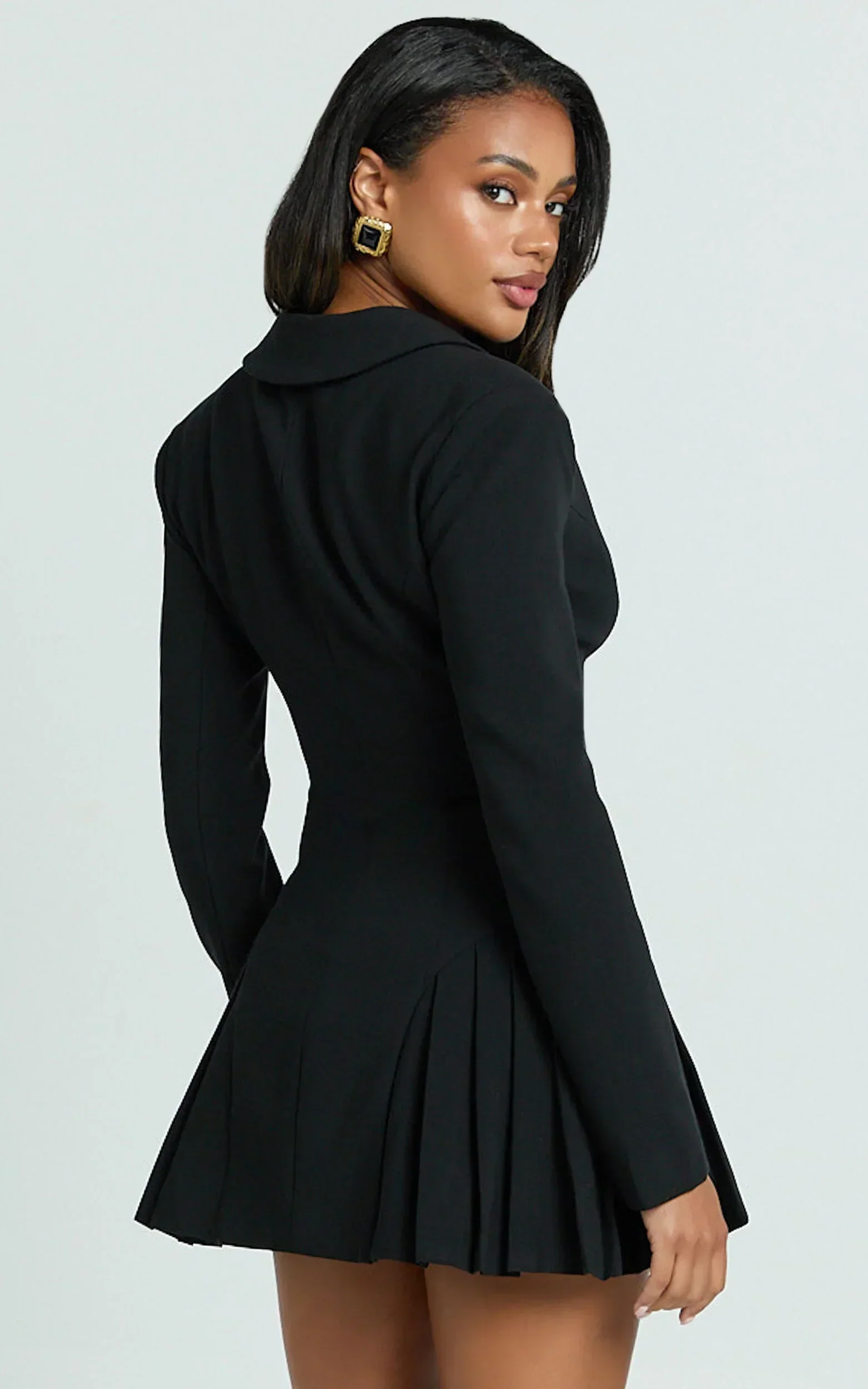 Bea Mini Dress - Collared Long Sleeve Fit And Flare Pleated Dress in Black