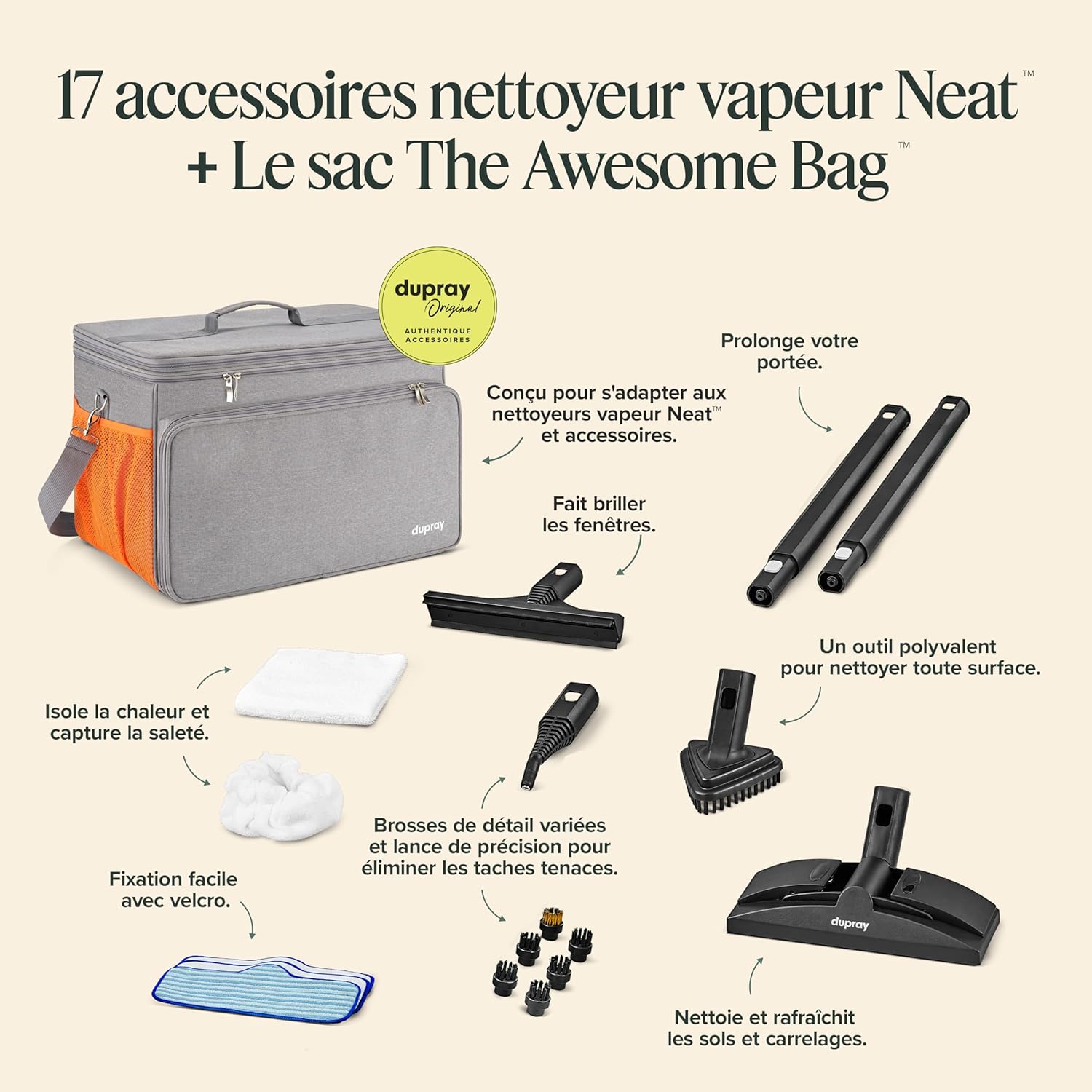 Nettoyeur vapeur Neat kit 18 accessoires nettoyage sols voiture carrelage joints sac rangement