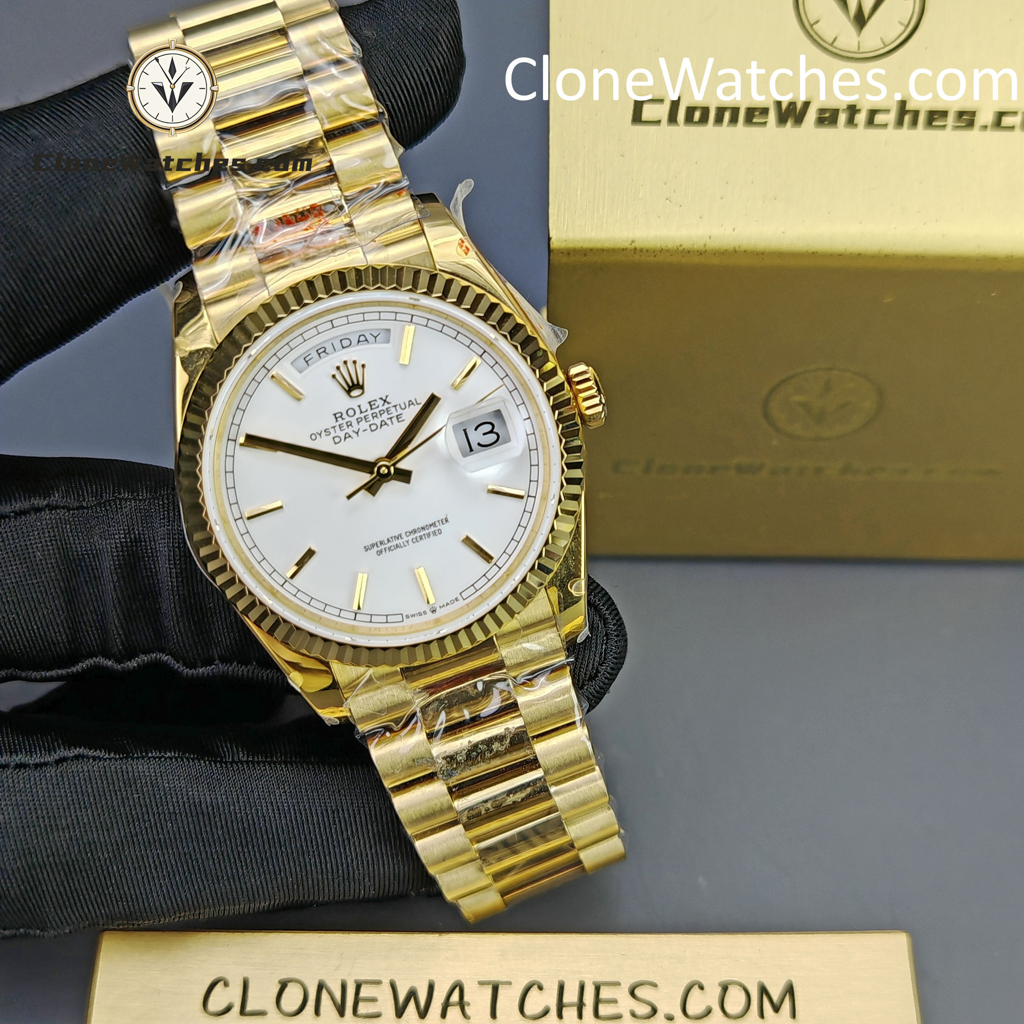 Rolex Super Clone Watches 1:1 Day Date 18K Gold White Dial 36mm m128238-0081 3255 Movement