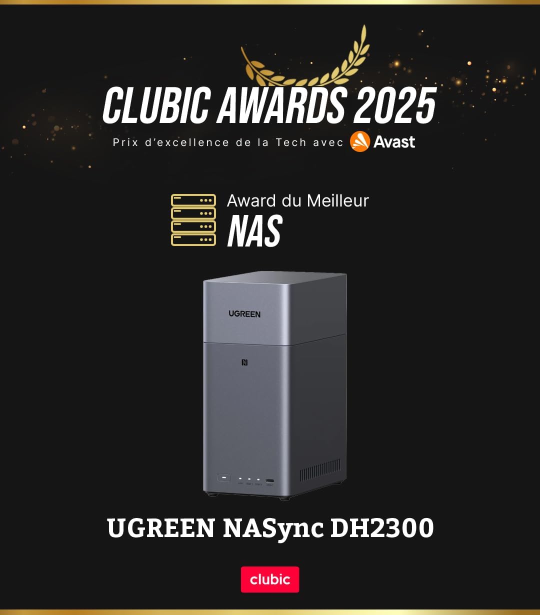 NAS bureau 2 baies DH2300 4 Go RAM NFC One Touch LAN 1 GbE album photo IA système débutants