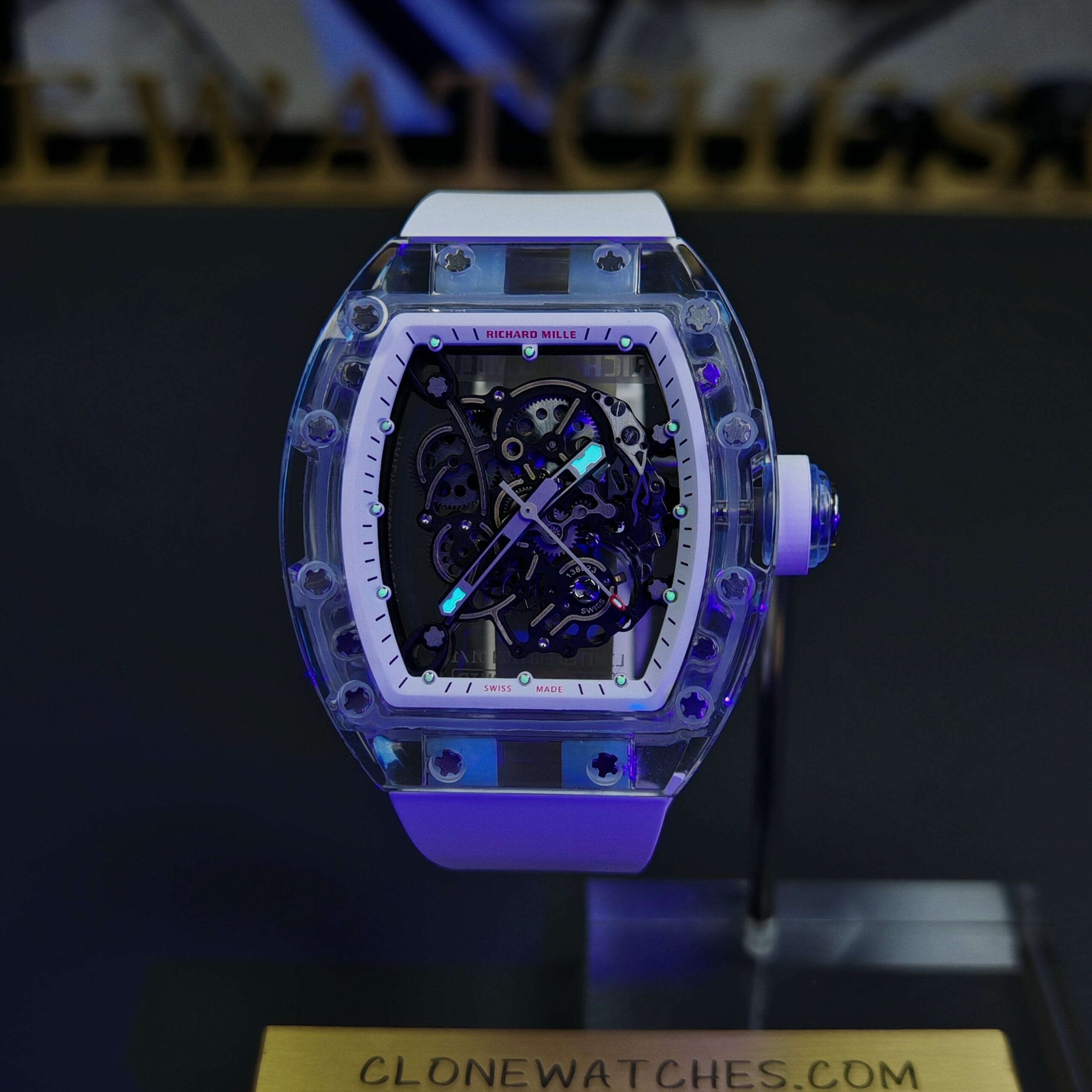 Richard Mille Super Clone Watches 1:1 RM 055 Full Transparent Tourbillon White Strap