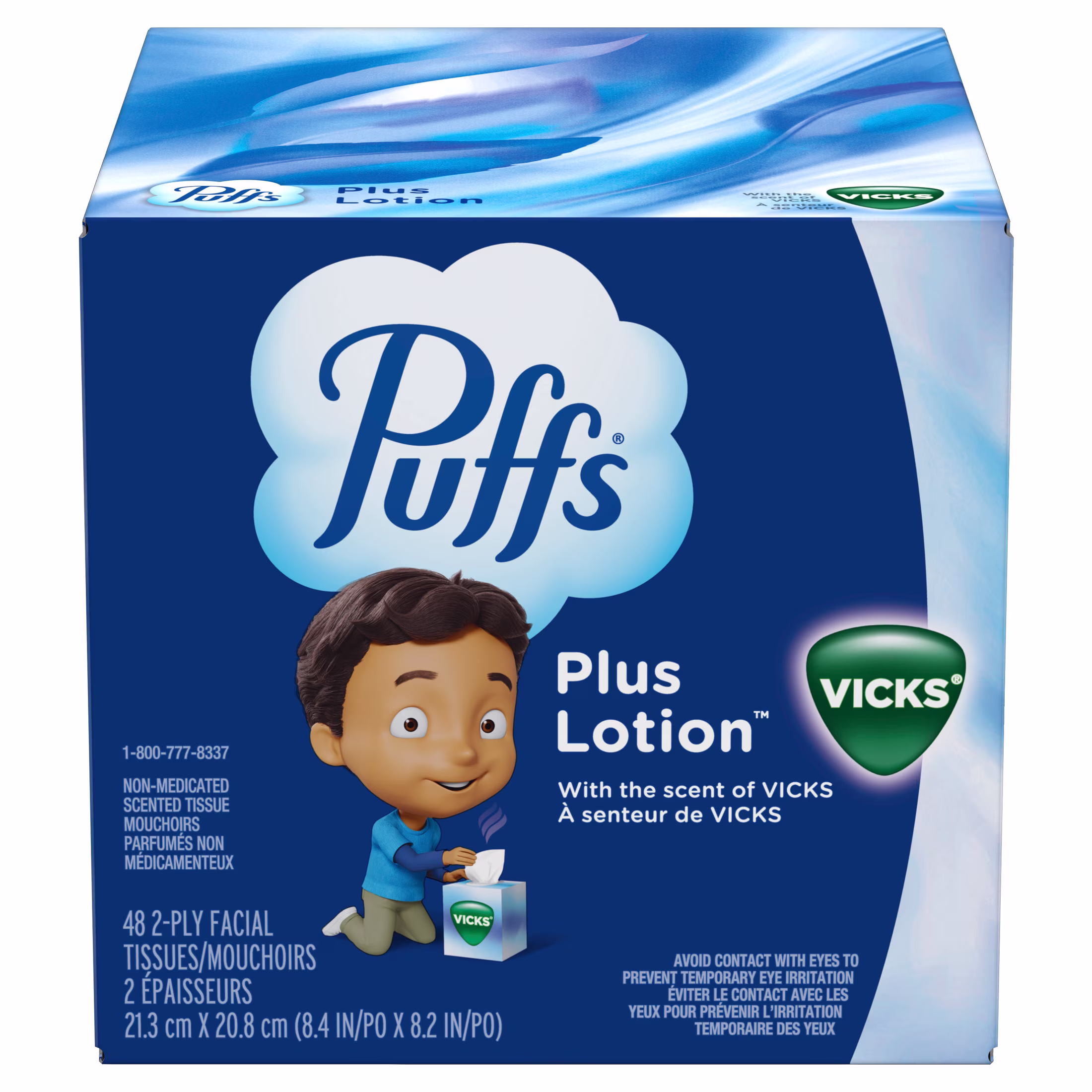 Puffs Facial Tissues Plus Lotion with the Scent of Vicks, 1 Cube Box, 48 Tissues Per Box