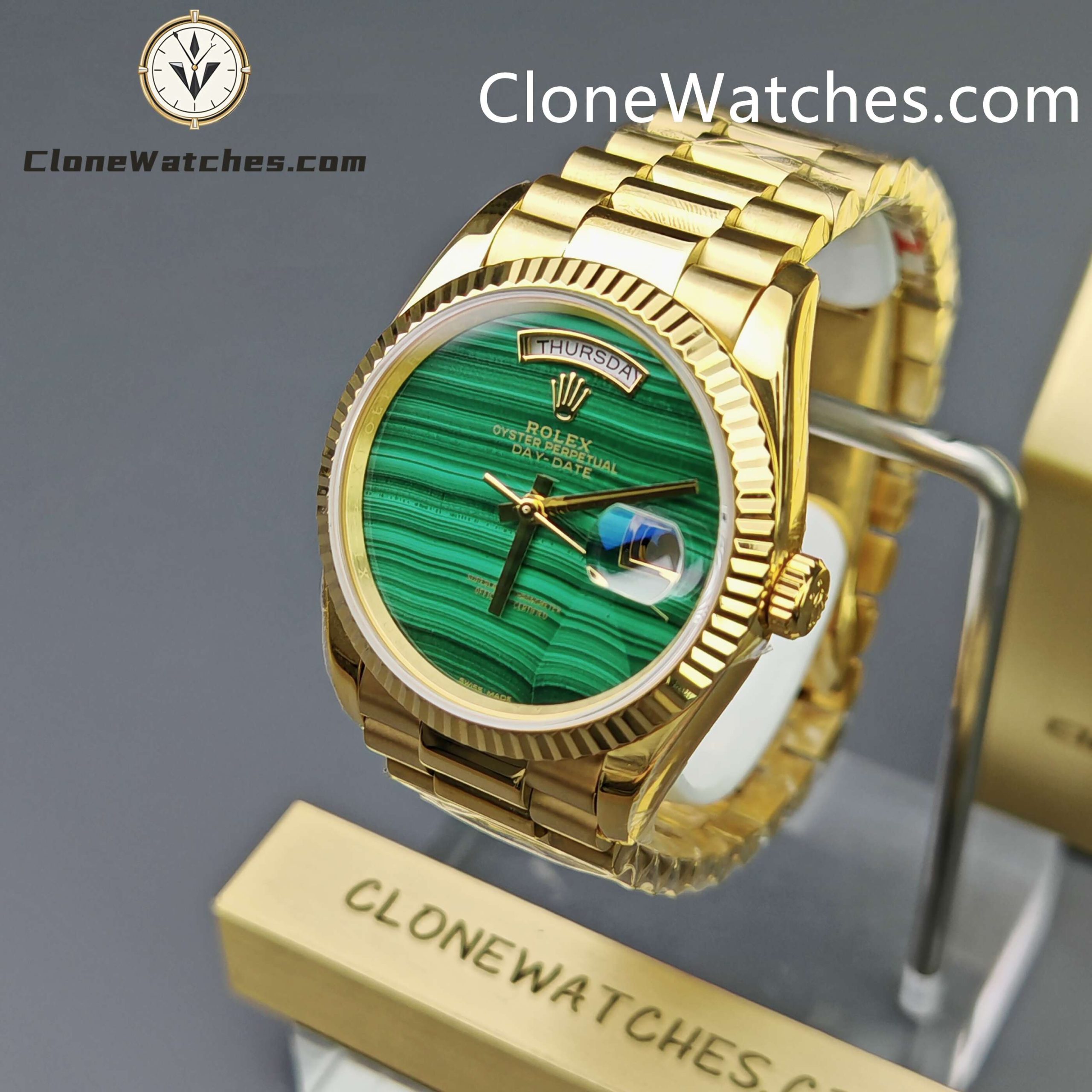 Rolex Super Clone Watches 1:1 Day Date Gold Malachite Dial 36mm 128238