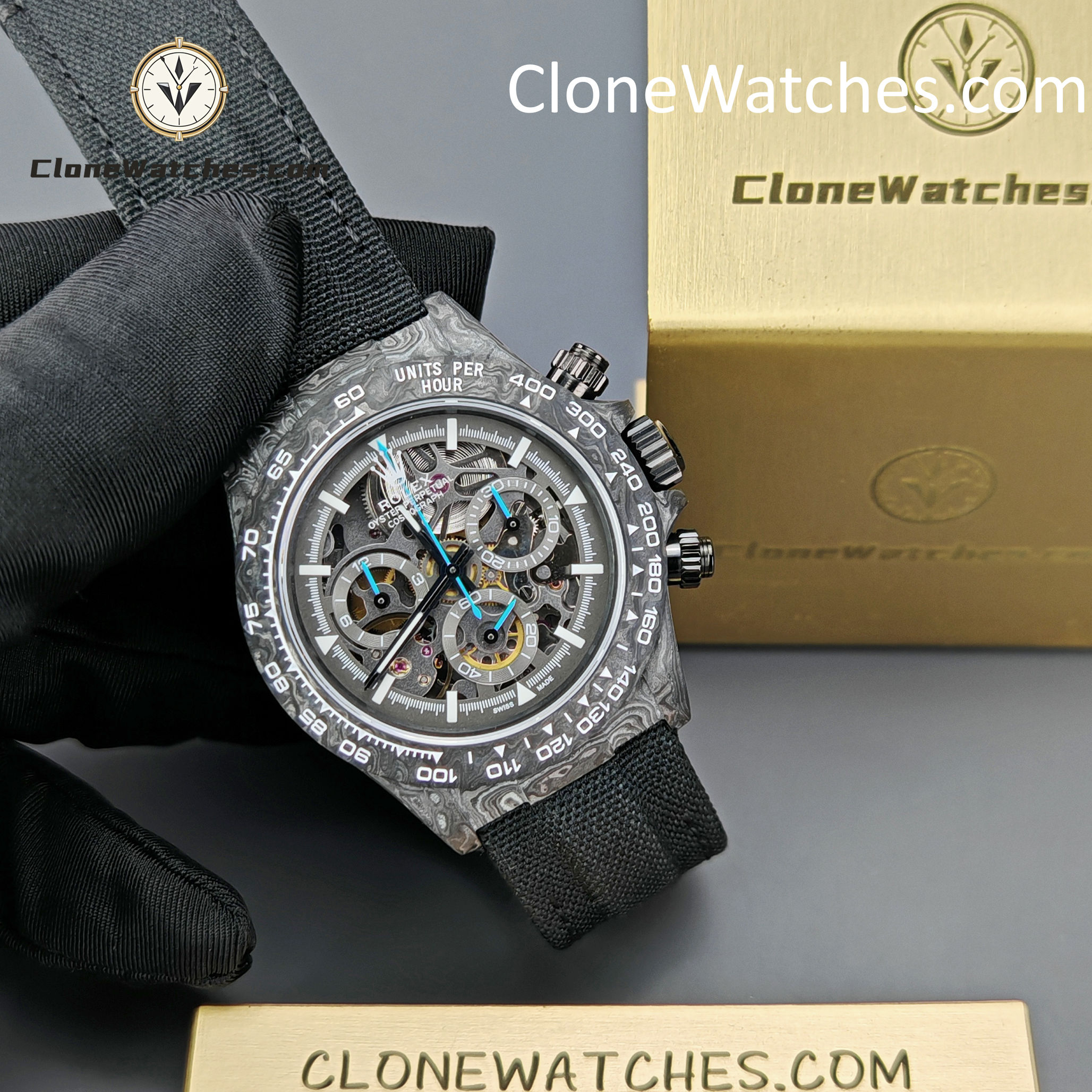 Rolex Super Clone Watches 1:1 Skeleton Daytona Carbon NTPT DIW 4130 Movement