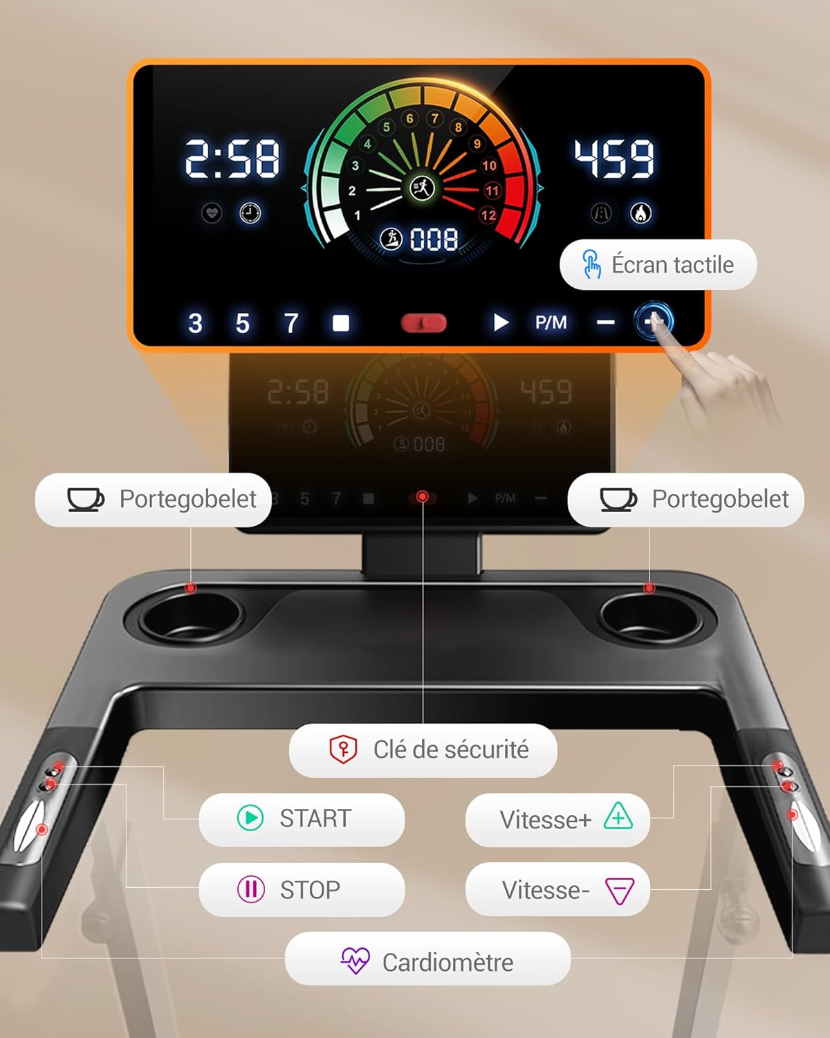 Tapis de course pliable inclinable 16% 14 km/h surveillance fréquence cardiaque moteur 35 CV LED charge 180 kg