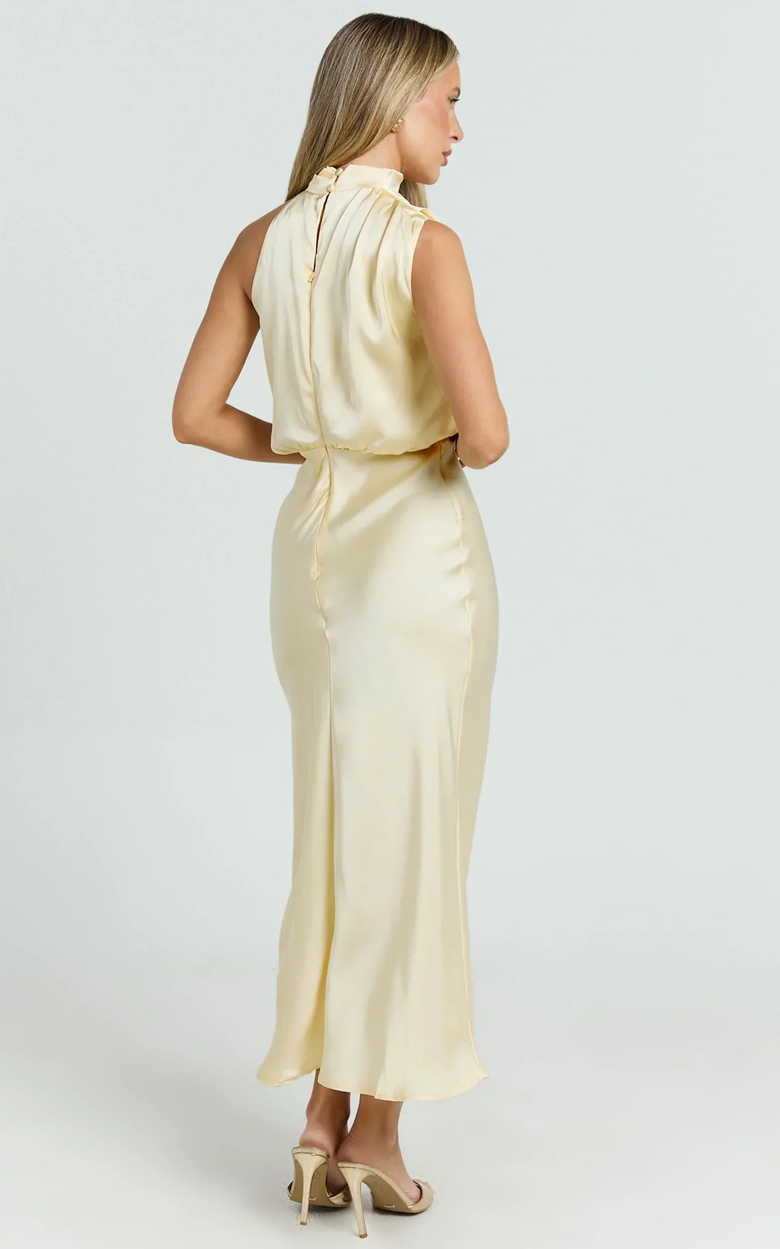 Minnie Midi Dress - Drape Neck Satin Slip Dress in Butter Yellow