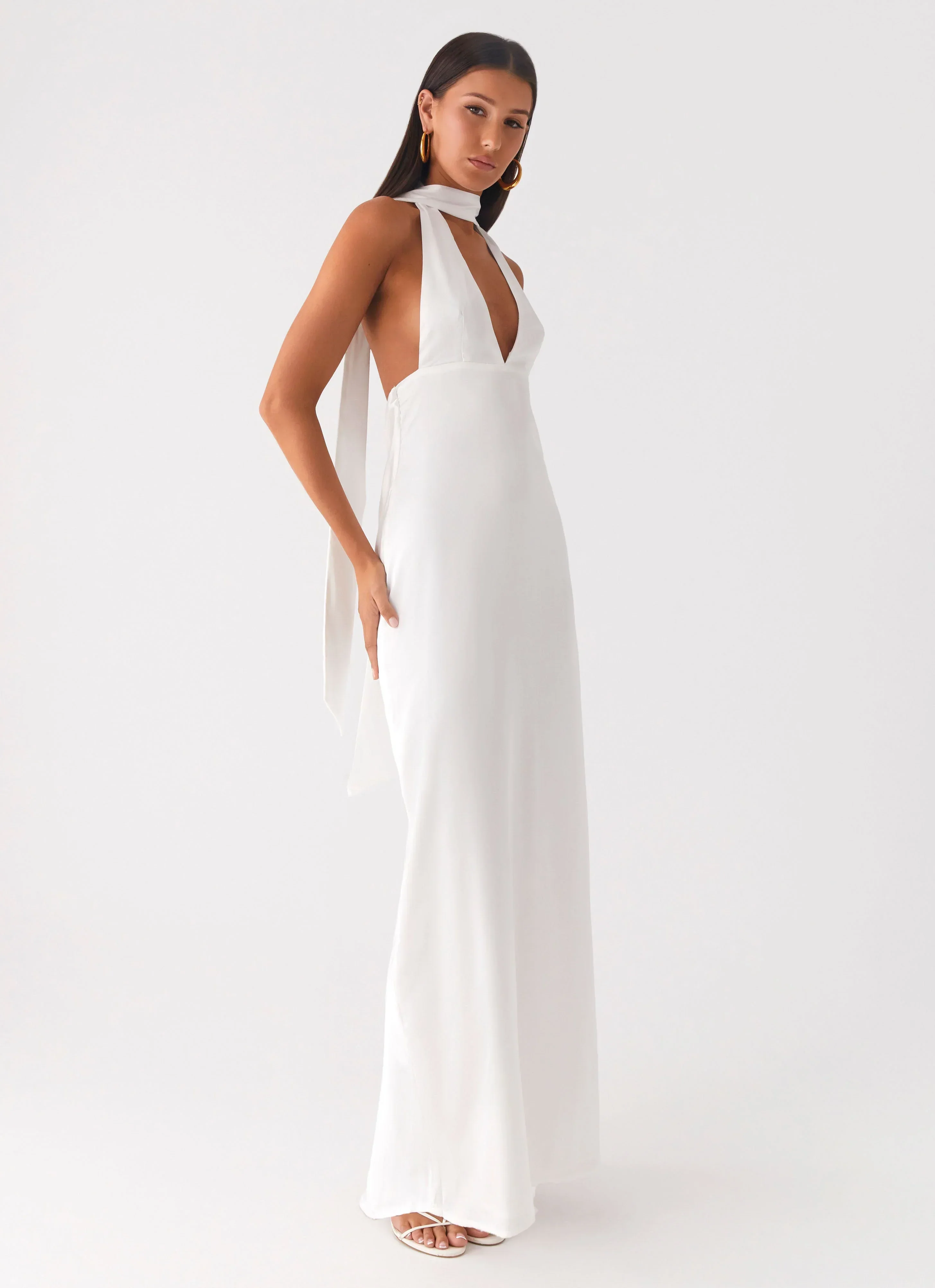 Alicia Satin Halter Maxi Dress - White