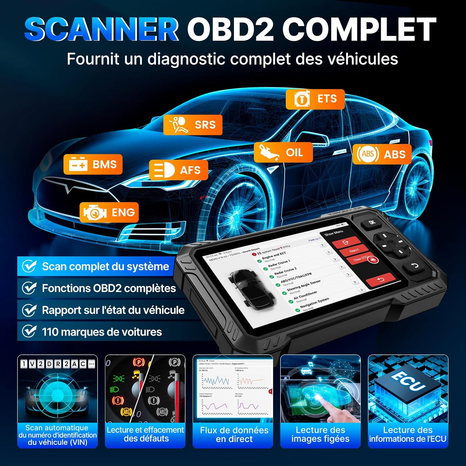 Valise diagnostic auto système complet 15 réinitialisations contrôle bidirectionnel