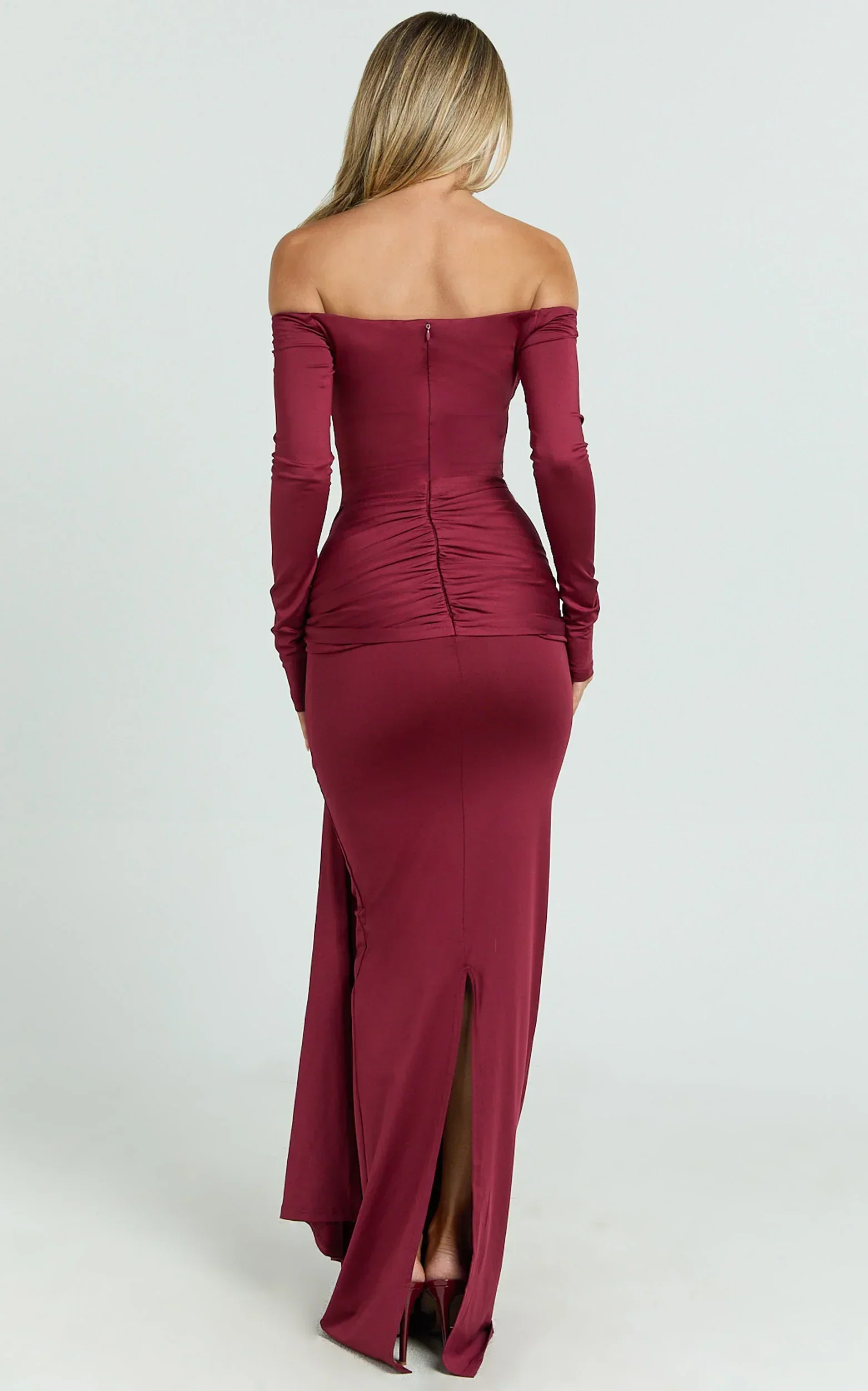 Judith Maxi Dress - Boat Neck Backless Tie Front Long Sleeve Jersey Dress in Wine