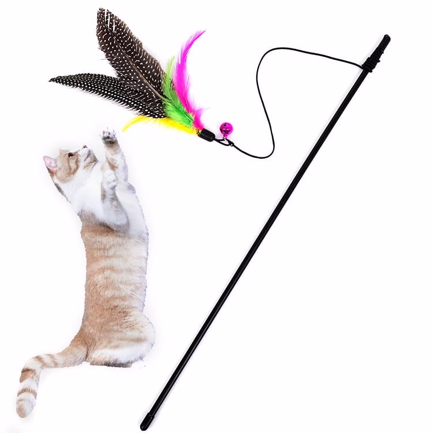 OAVQHLG3B Cat Wand Toys, Interactive Cat Toys with Feather Refills, Sturdy Wood Handle & Bell, Interactive Cat Toy Wand Kitten Toys for Indoor Cats to Play Chase Exercise