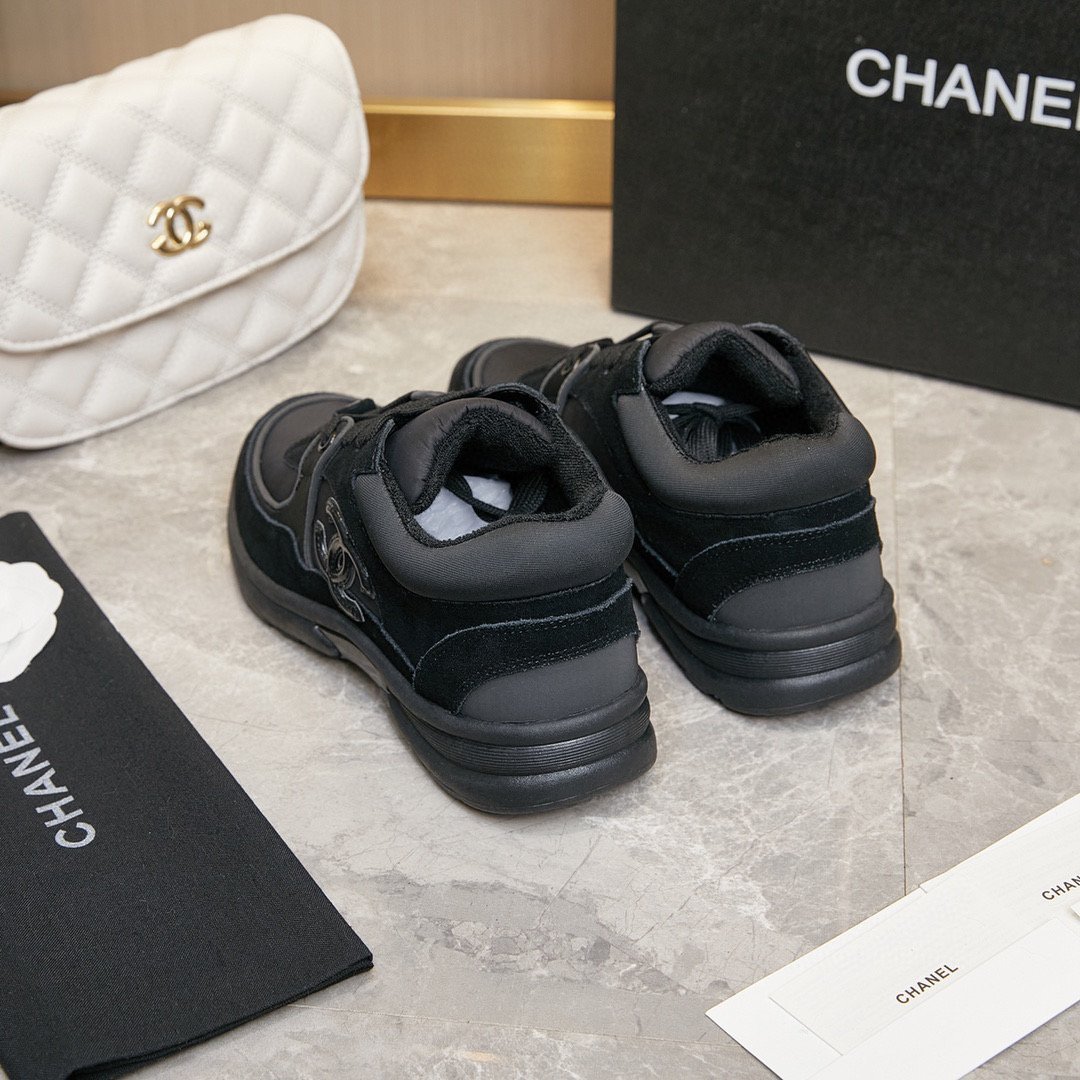 Chanel CC Logo Suede Leather Sneaker Black White Shoe