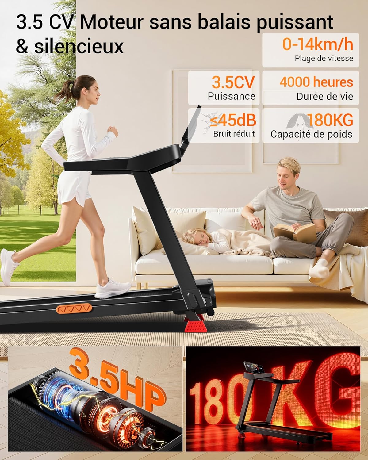Tapis de course pliable inclinable 16% 14 km/h surveillance fréquence cardiaque moteur 35 CV LED charge 180 kg