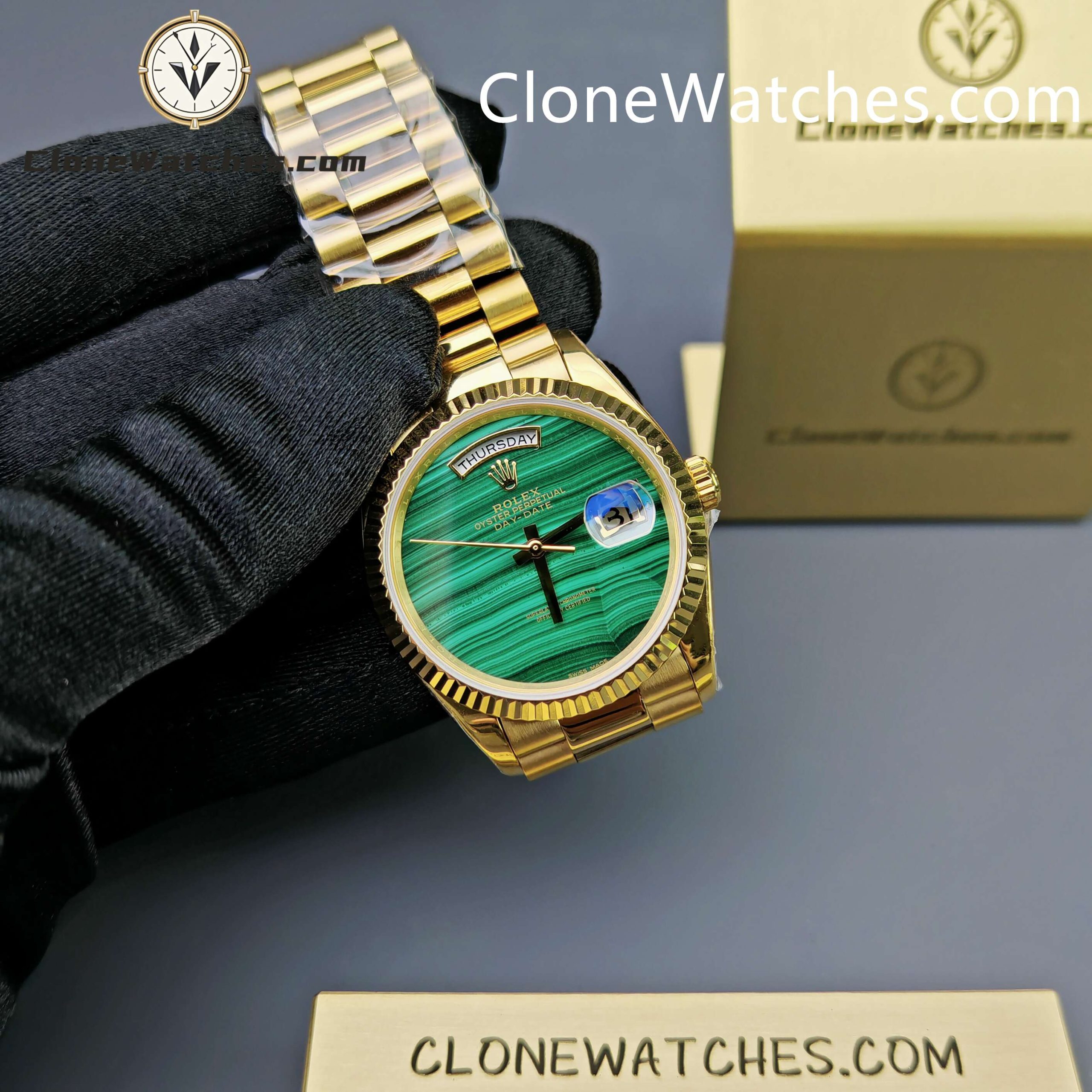 Rolex Super Clone Watches 1:1 Day Date Gold Malachite Dial 36mm 128238