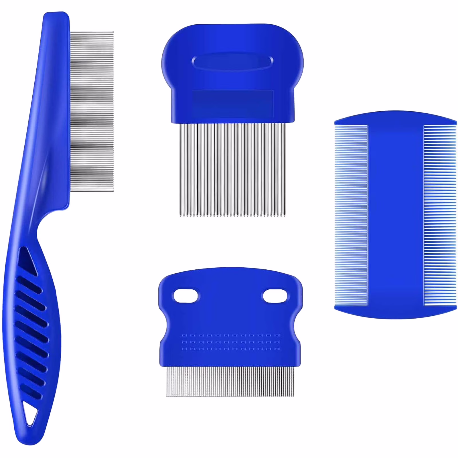 Flea Lice Comb Set, Stainless Steel Dog Cat Grooming Combs with Rounded Teeth, Double Sided Pet Tear Stain Remover, 4Pcs Dematting Tool