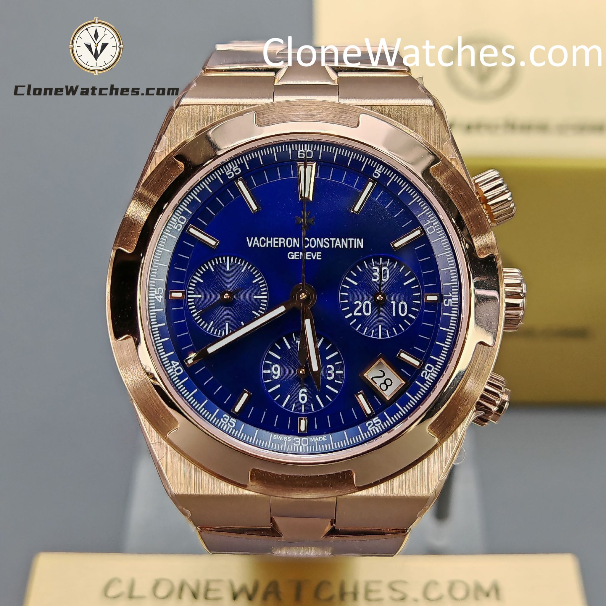 Vacheron Constantin Super Clone Watches 1:1 Overseas Chronograph Rose Gold 5500V/110R-B952 Blue Dial