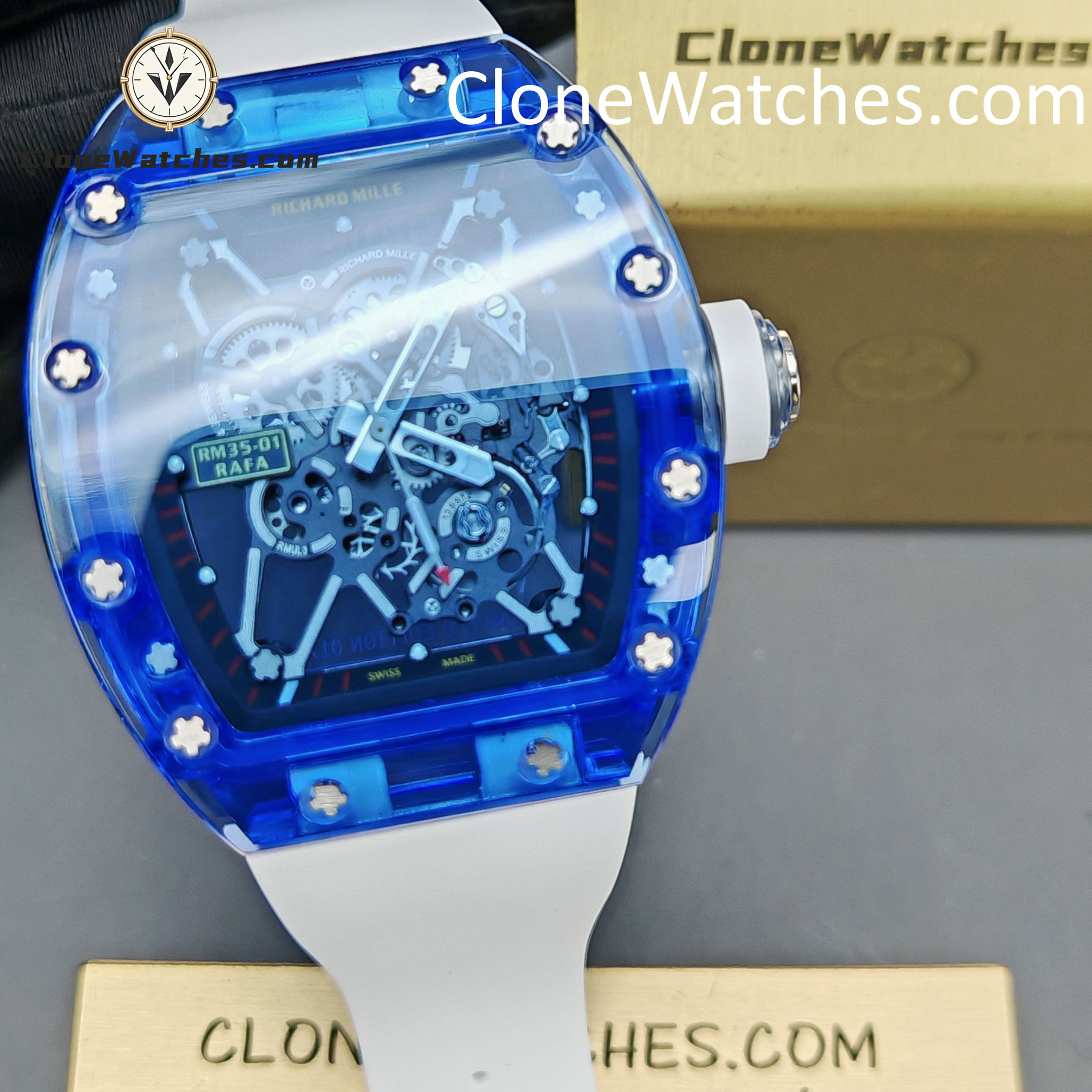 Richard Mille Super Clone Watches 1:1 RM 035 Blue Crystal Tourbillon Transparent Strap