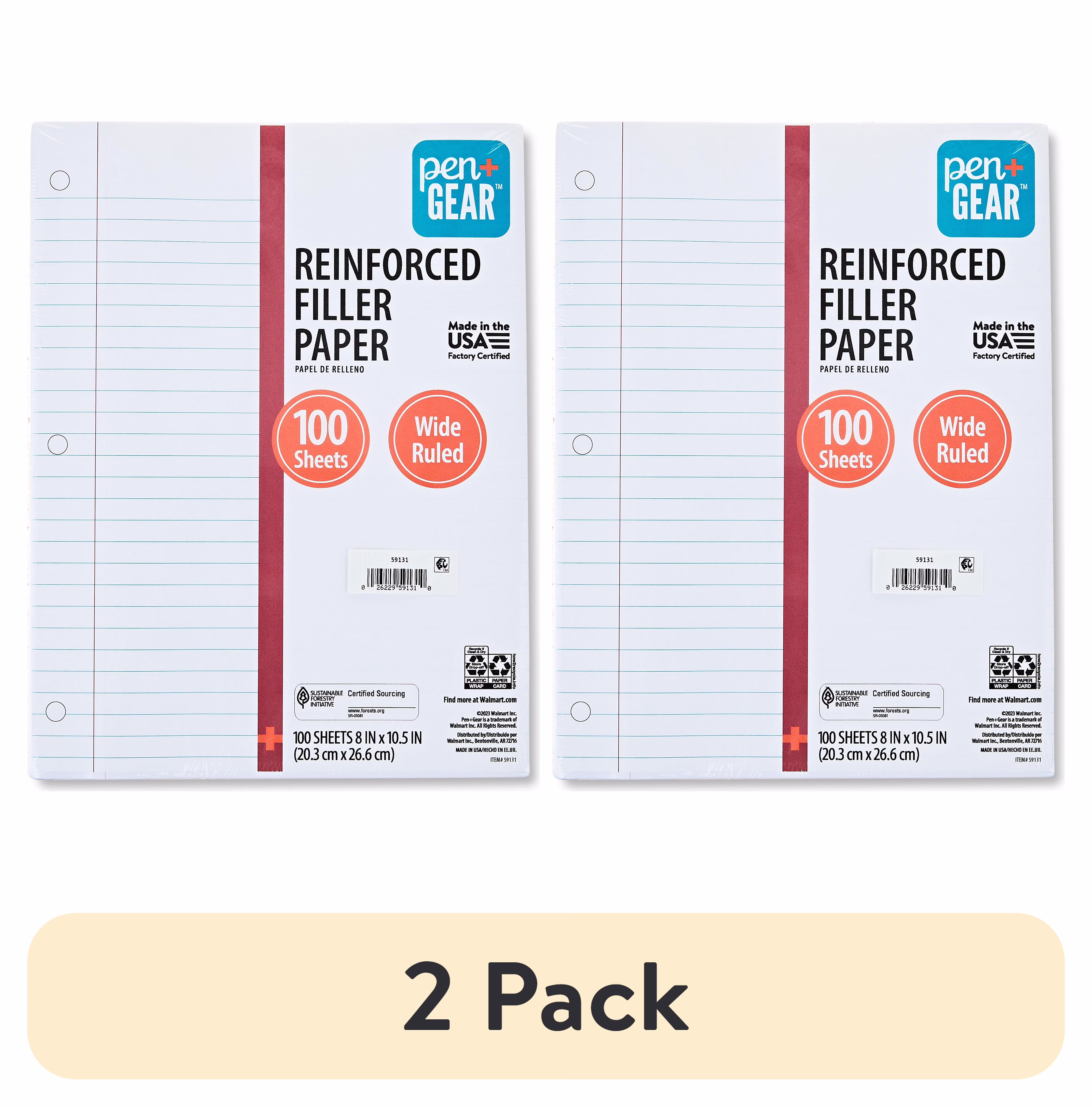 (2 pack) Pen+Gear Wide Ruled Reinforced Filler Paper, 8