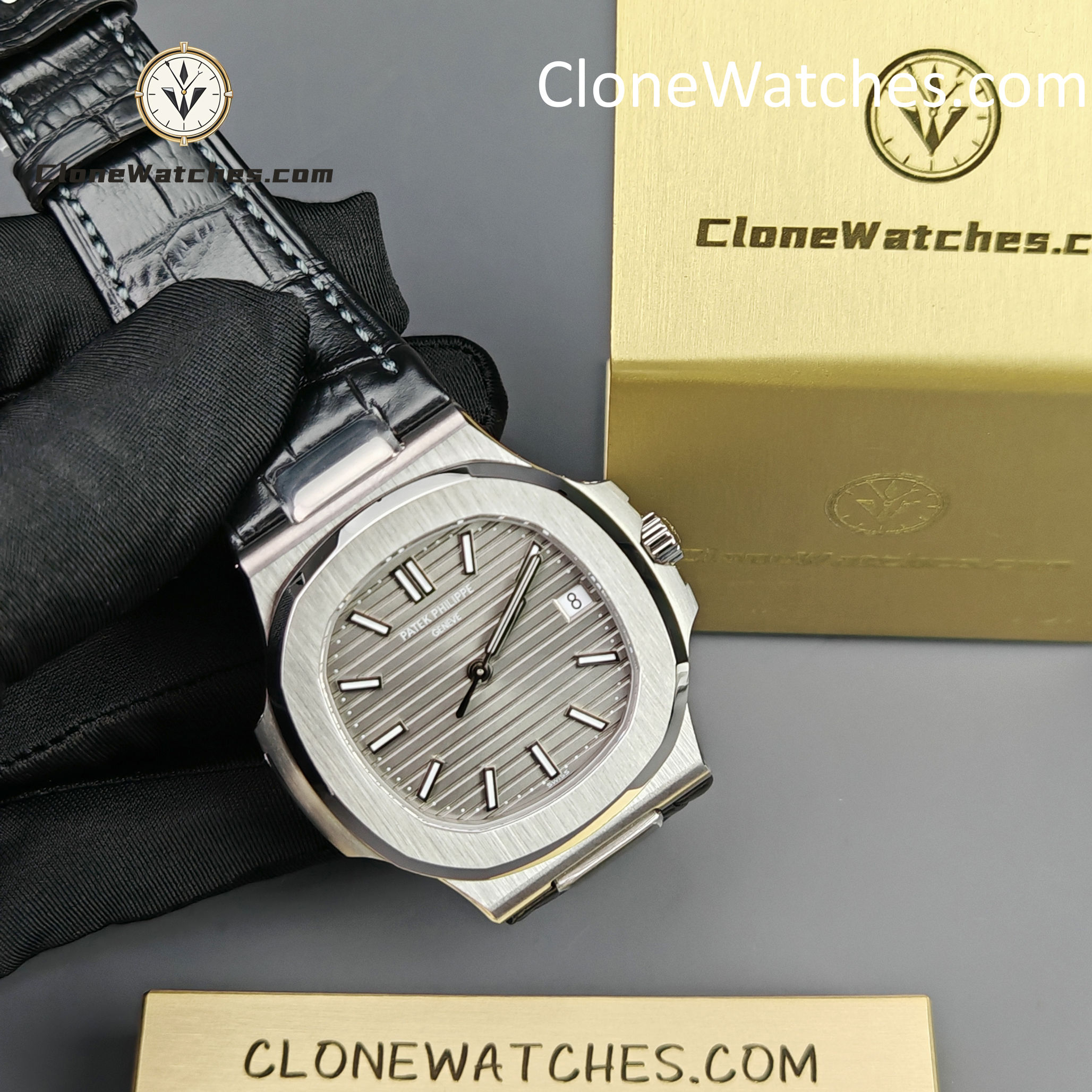 Patek Philippe Super Clone Watches 1:1 Nautilus 5711 Grey Dial Black Leather Strap