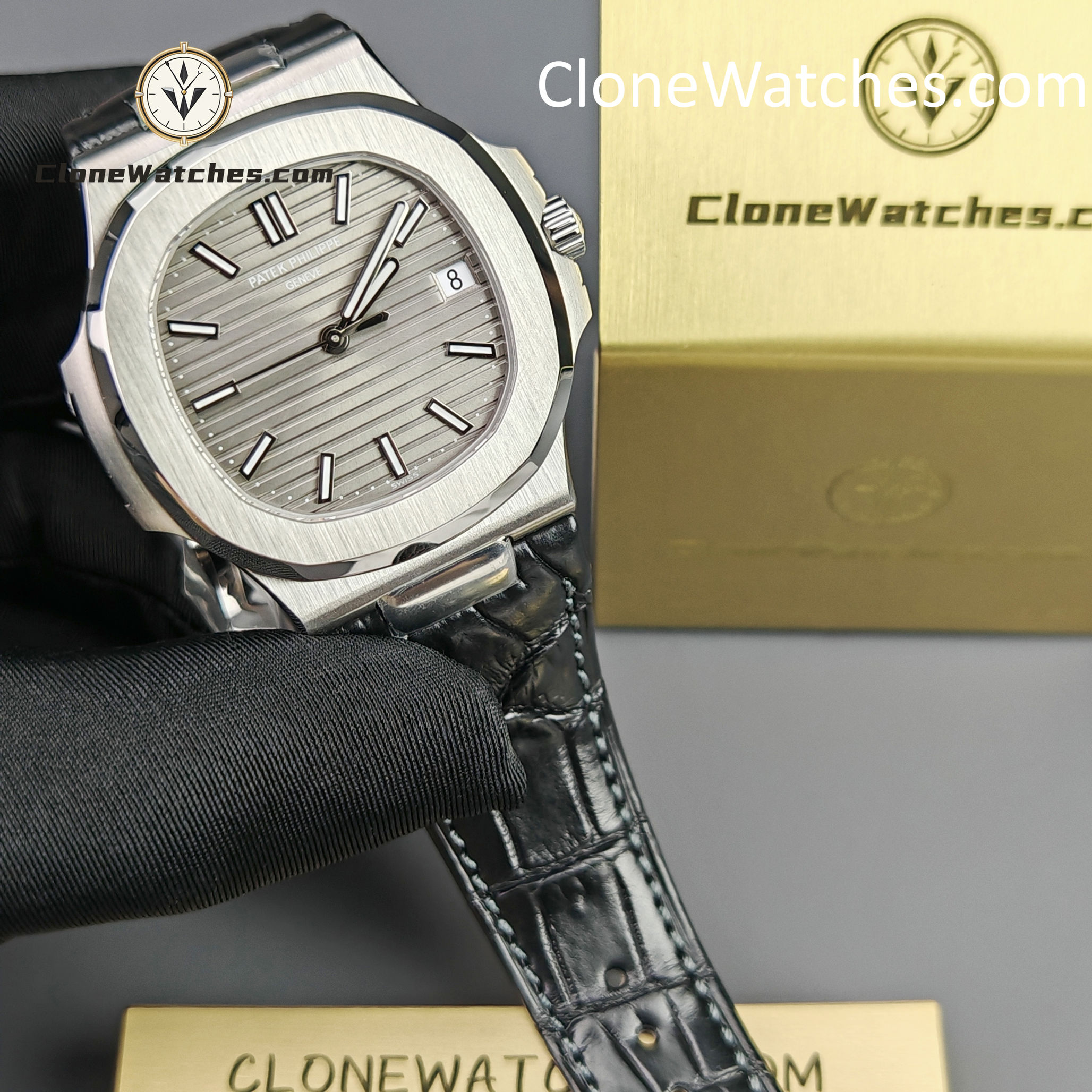 Patek Philippe Super Clone Watches 1:1 Nautilus 5711 Grey Dial Black Leather Strap