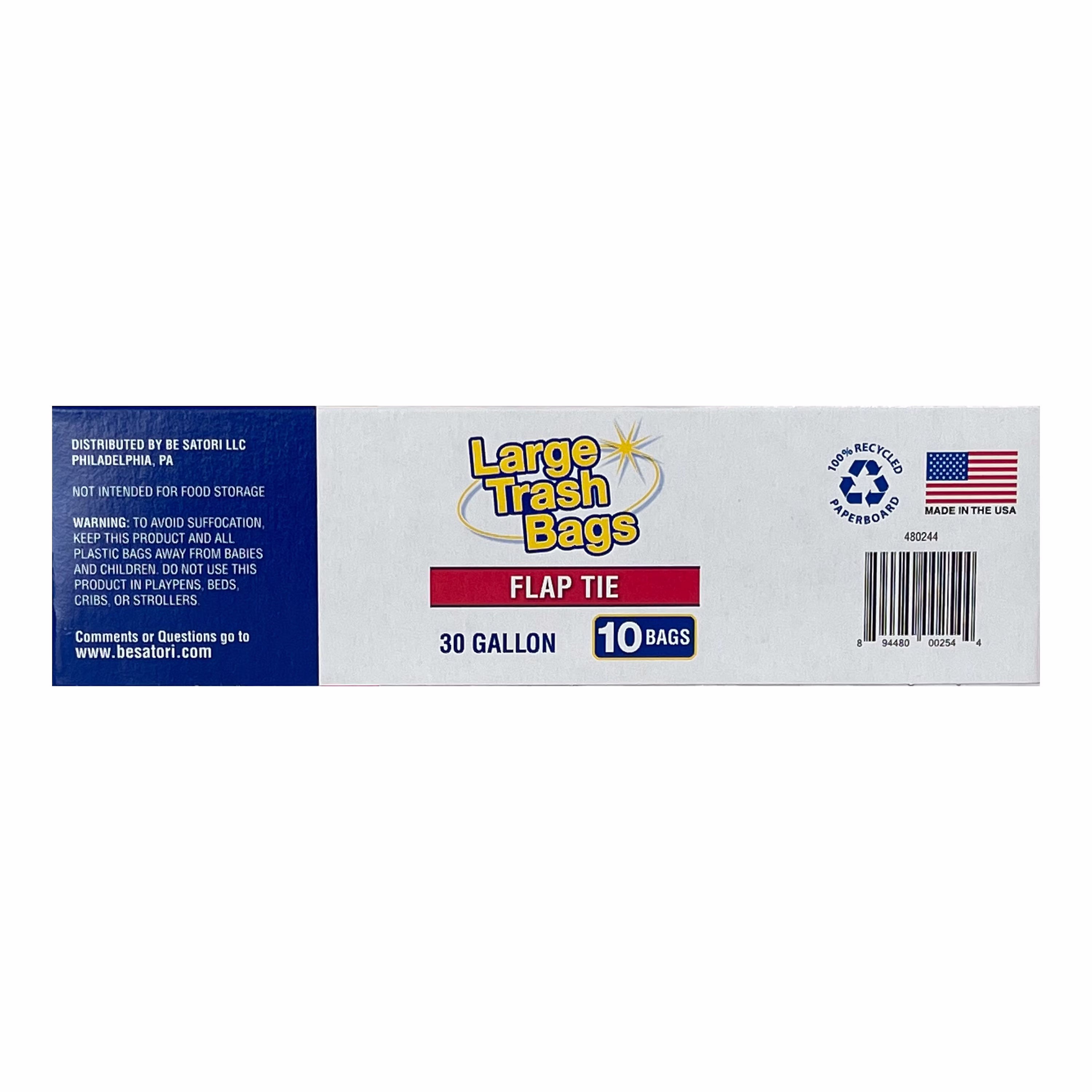 Basic Large Trash Bags, 30 Gallon, Flap Tie, 10 Bags